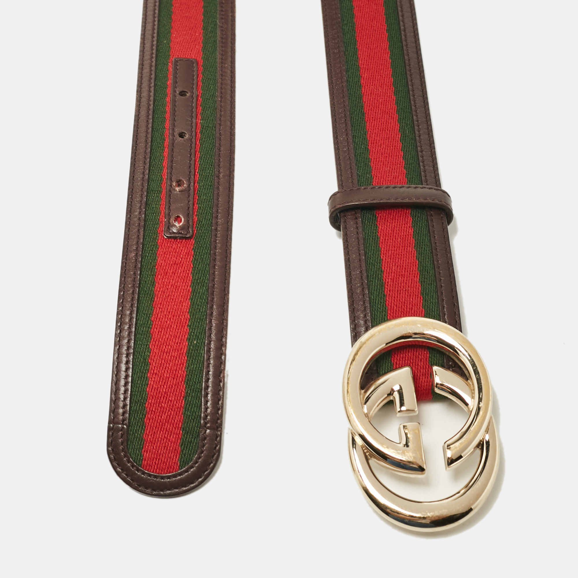 Gucci Brown Leather And Web Canvas Interlocking G Buckle Belt 80 CM