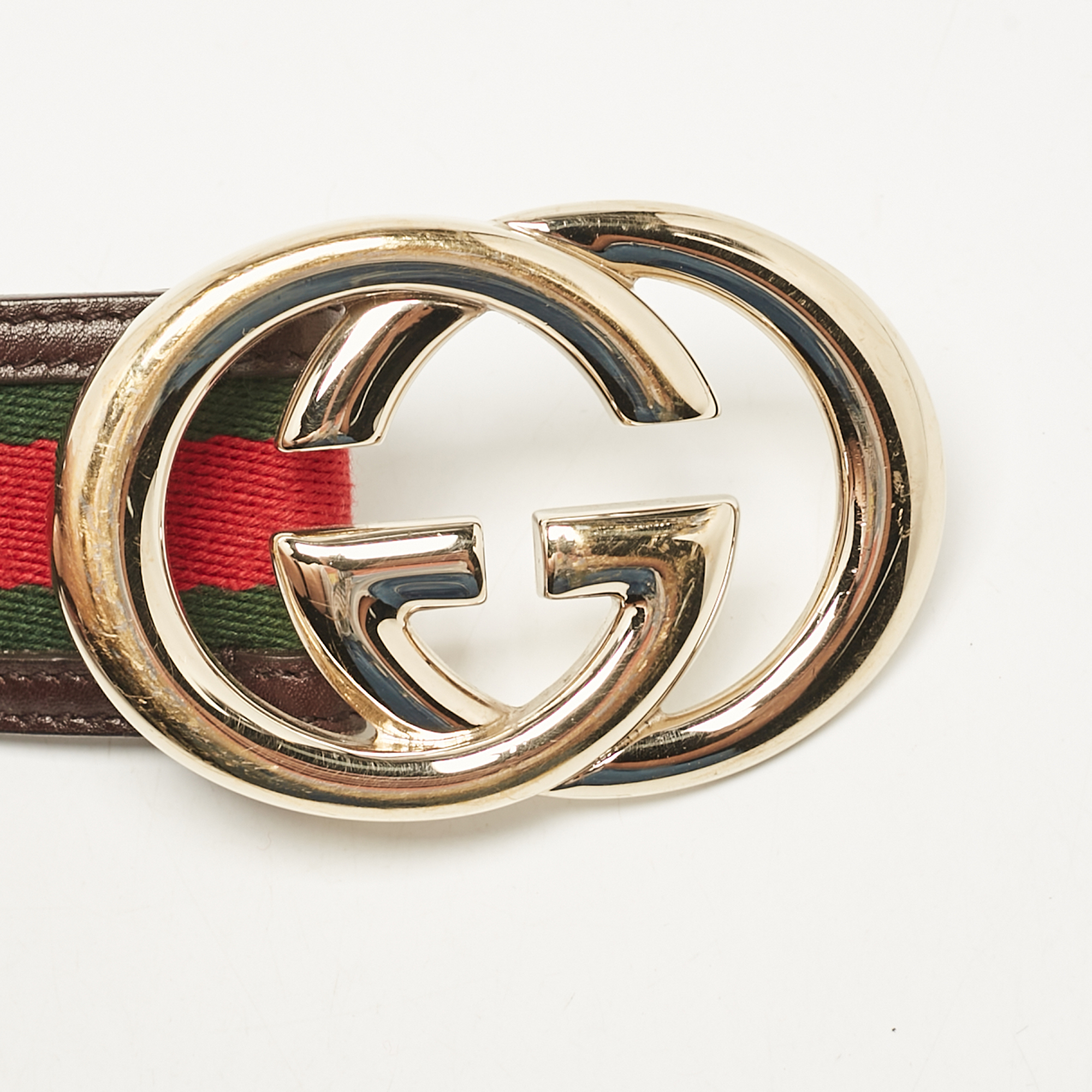 Gucci Brown Leather And Web Canvas Interlocking G Buckle Belt 80 CM