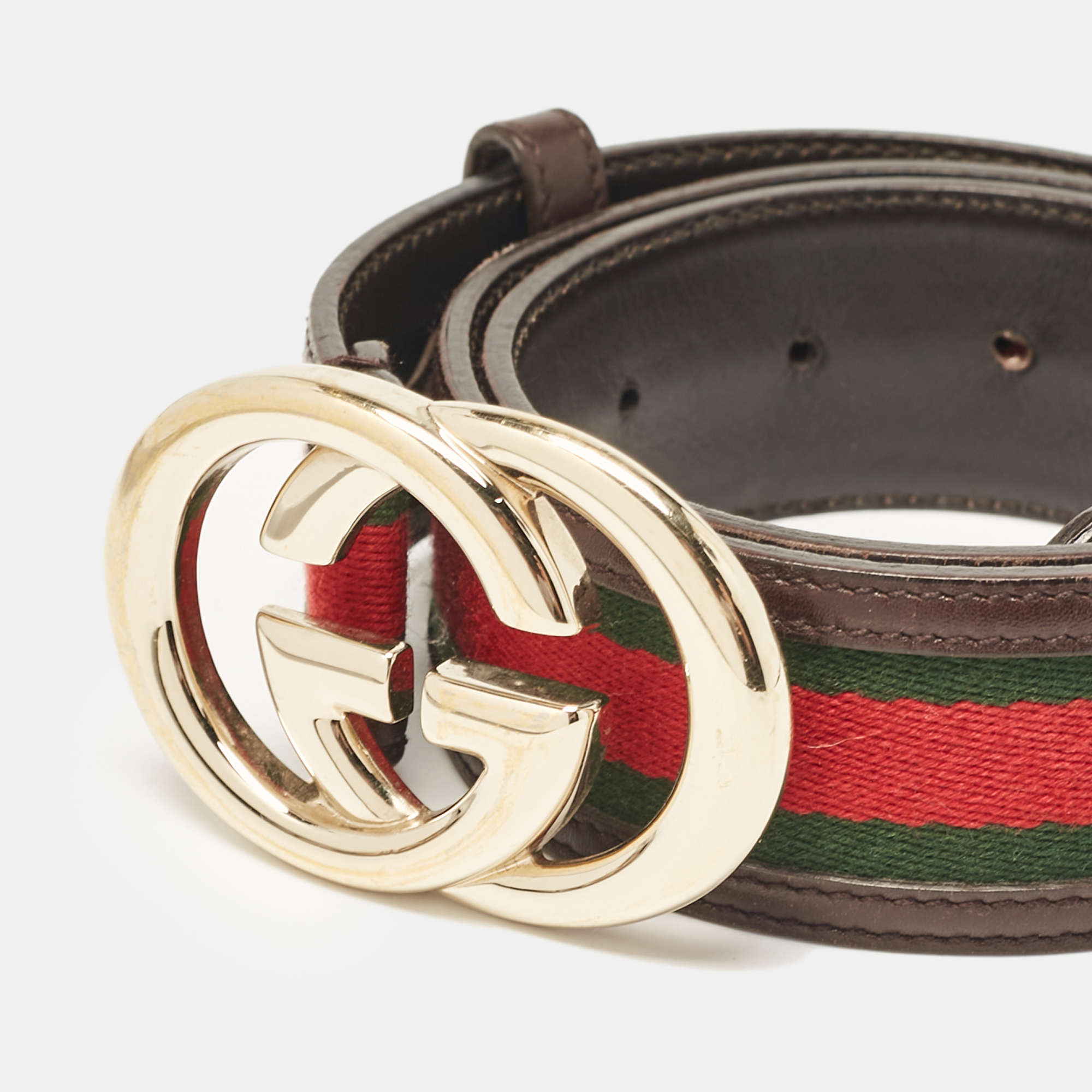 Gucci Brown Leather And Web Canvas Interlocking G Buckle Belt 80 CM