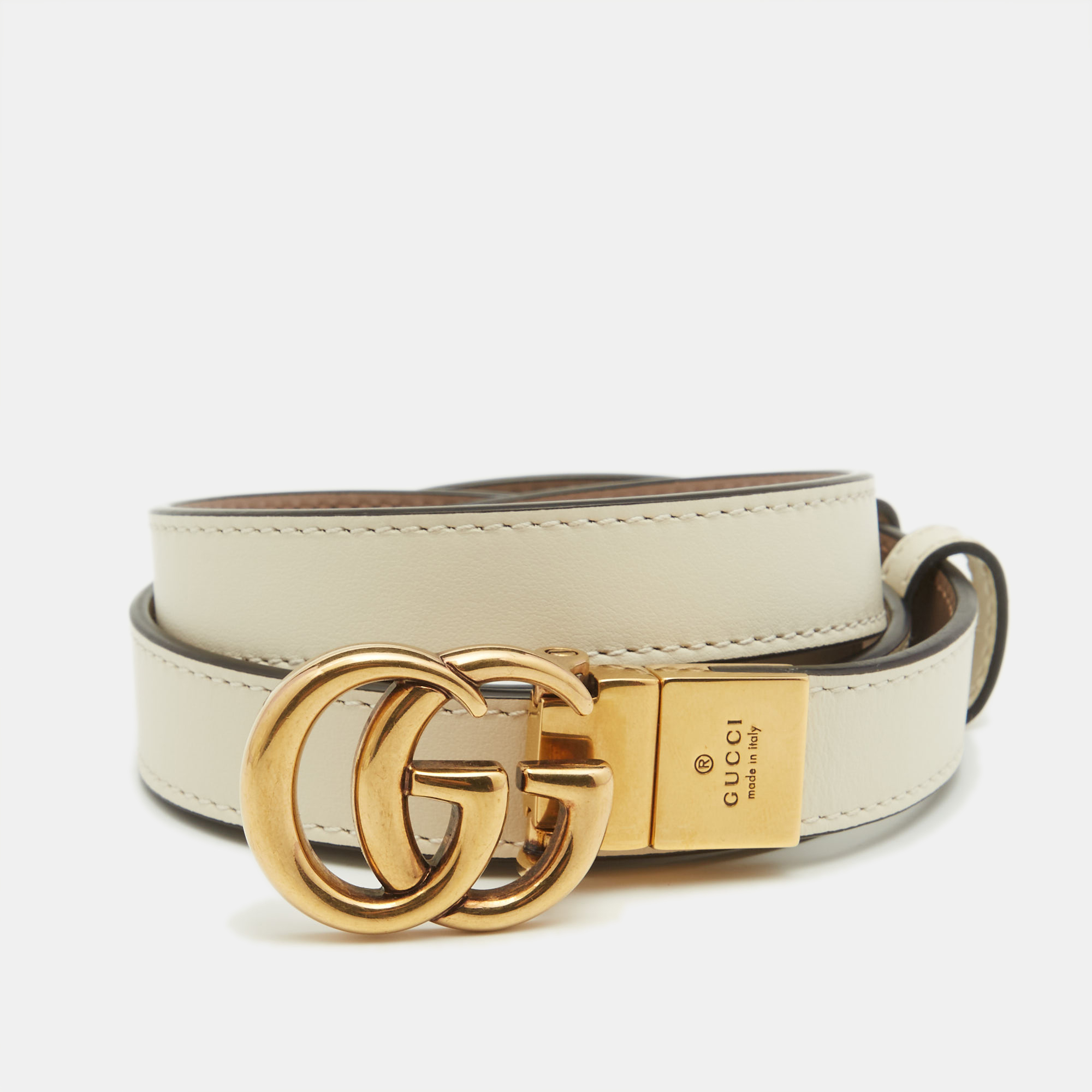 Gucci White/Beige Leather GG Marmont Reversible Slim Belt 80CM