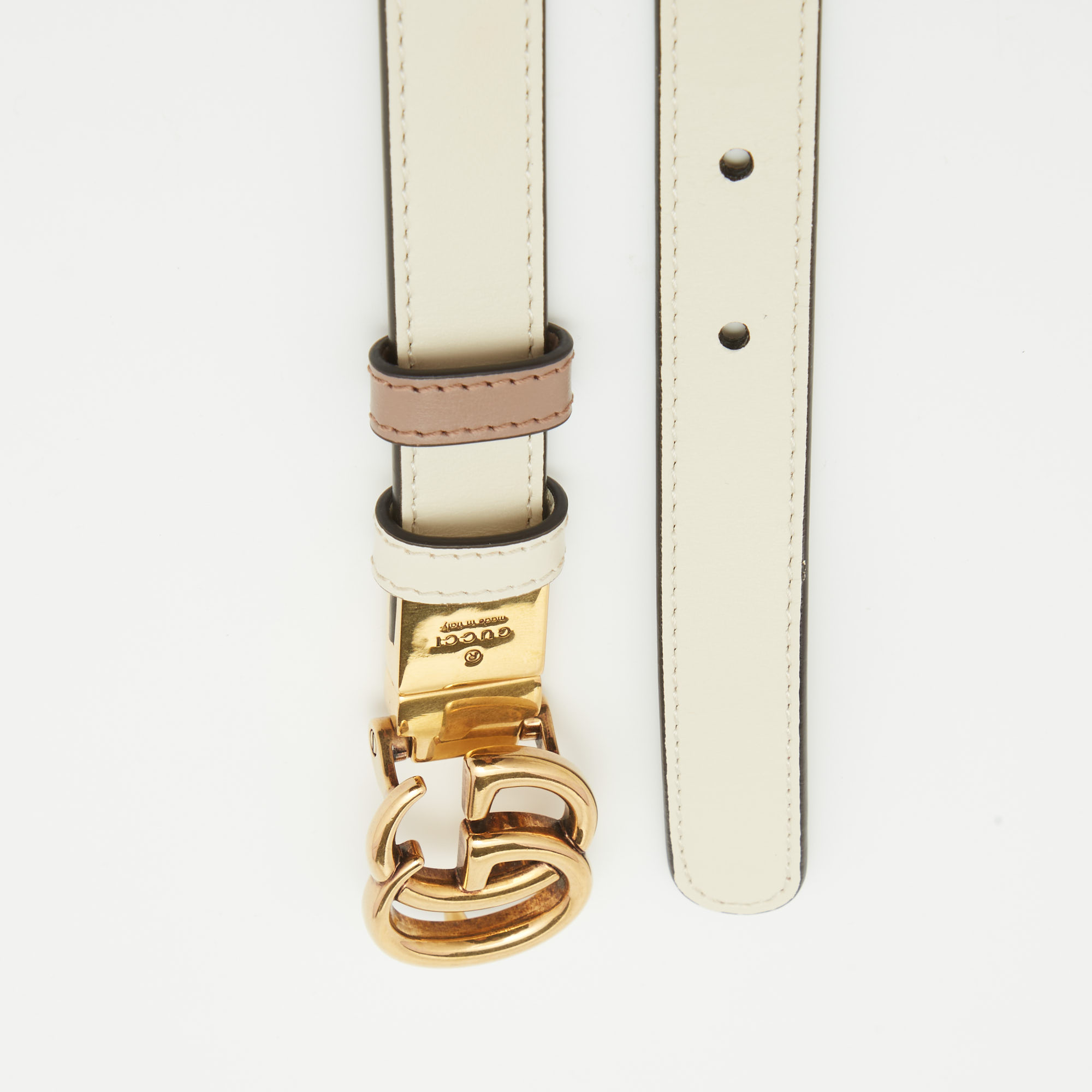 Gucci White/Beige Leather GG Marmont Reversible Slim Belt 80CM