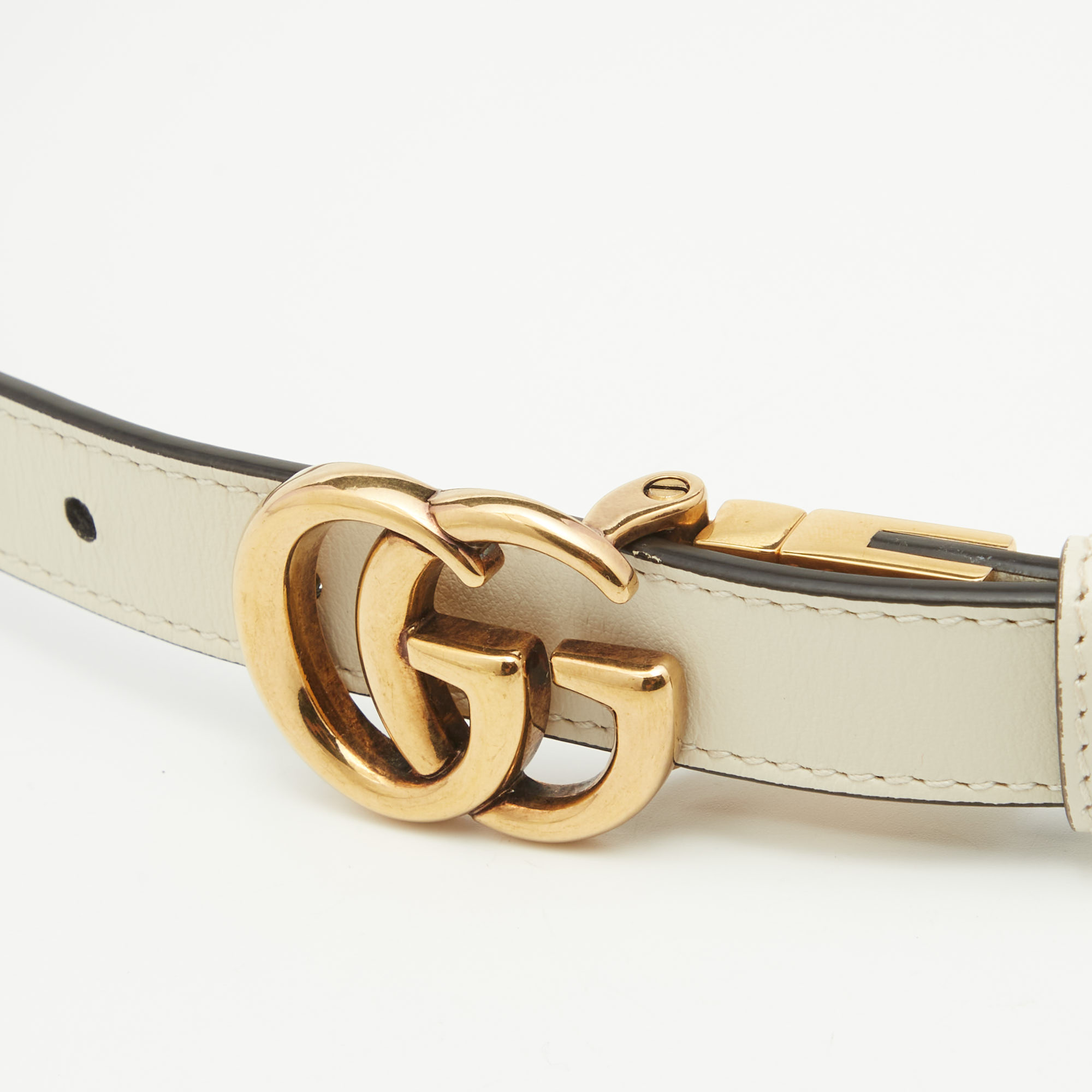 Gucci White/Beige Leather GG Marmont Reversible Slim Belt 80CM