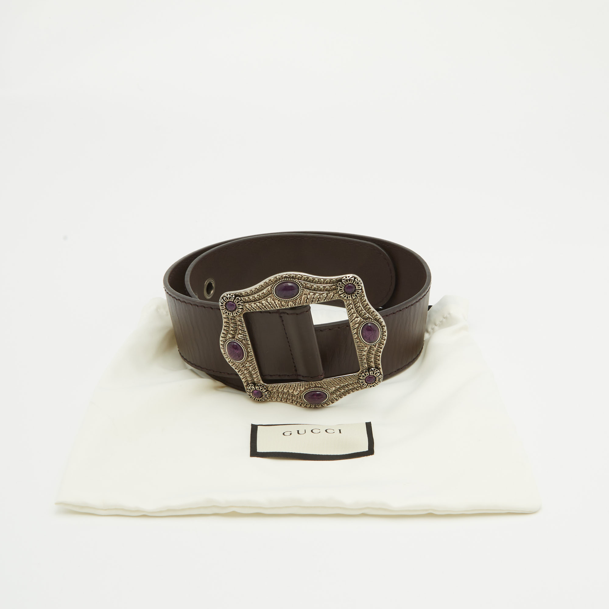 Gucci Dark Brown Leather Embellished Buckle Belt 65CM