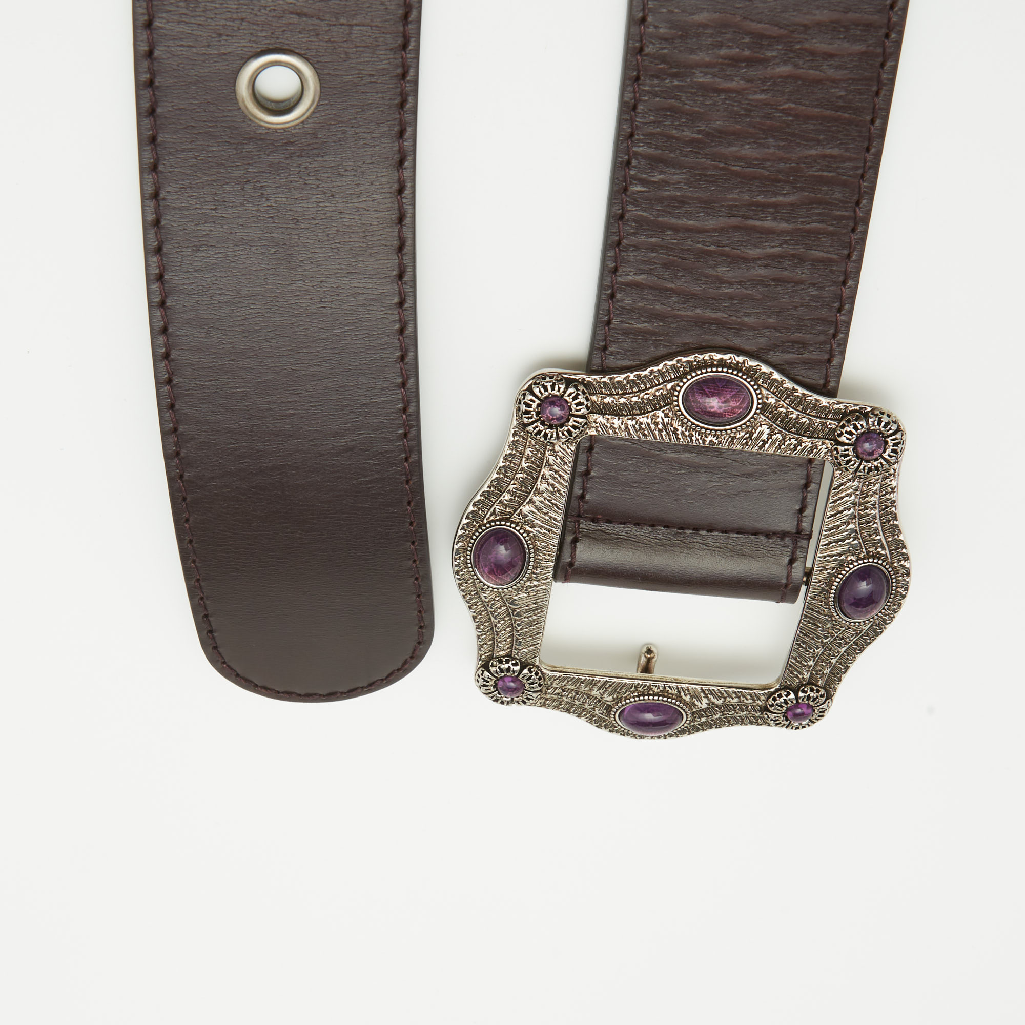 Gucci Dark Brown Leather Embellished Buckle Belt 65CM