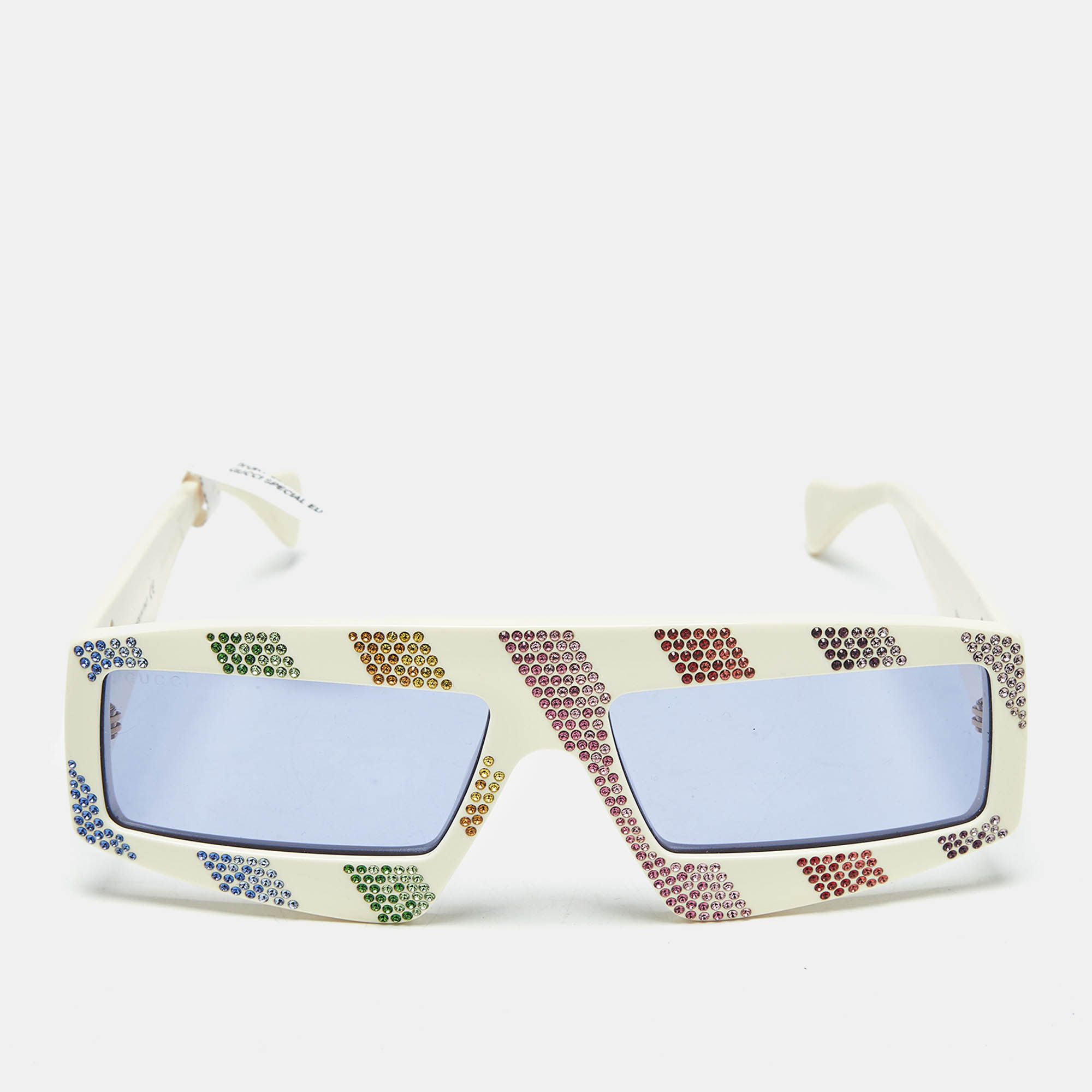 Gucci Ivory/Blue GG0358S Rainbow Crystals Rectangle Sunglasses, White
Gucci Ivory/Blue GG0358S Rainbow Crystals Rectangle Sunglasses, White