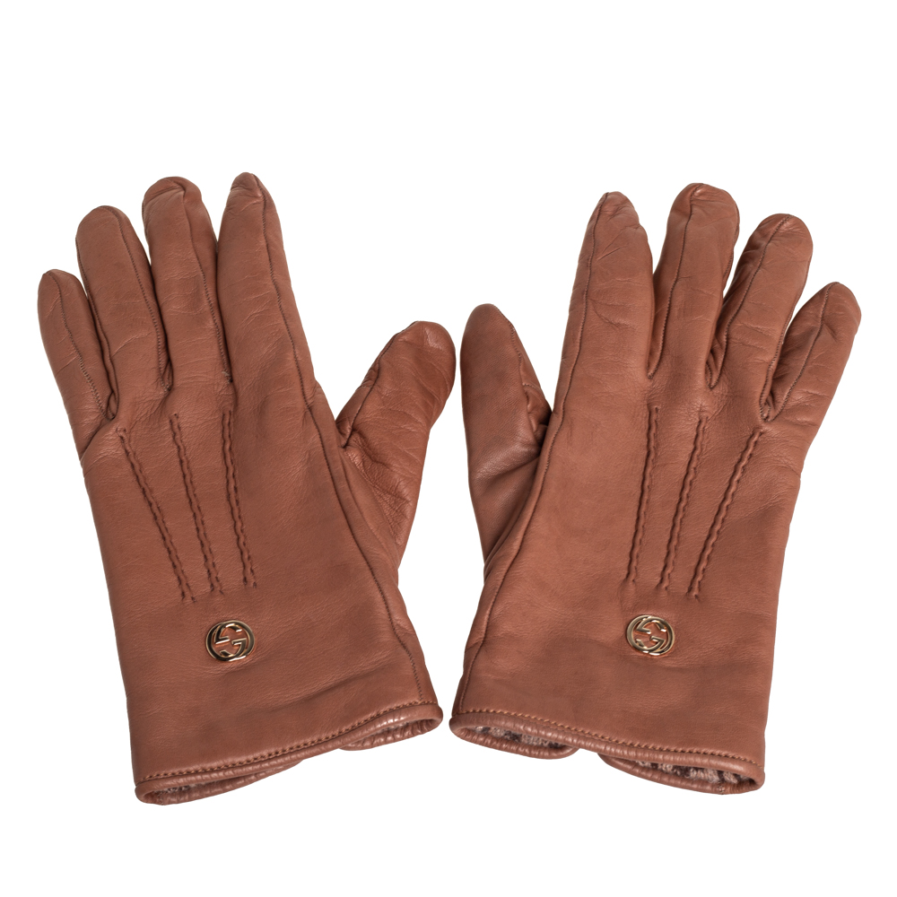 Gucci Brown Soft Leather Interlocking G Gloves Size L female