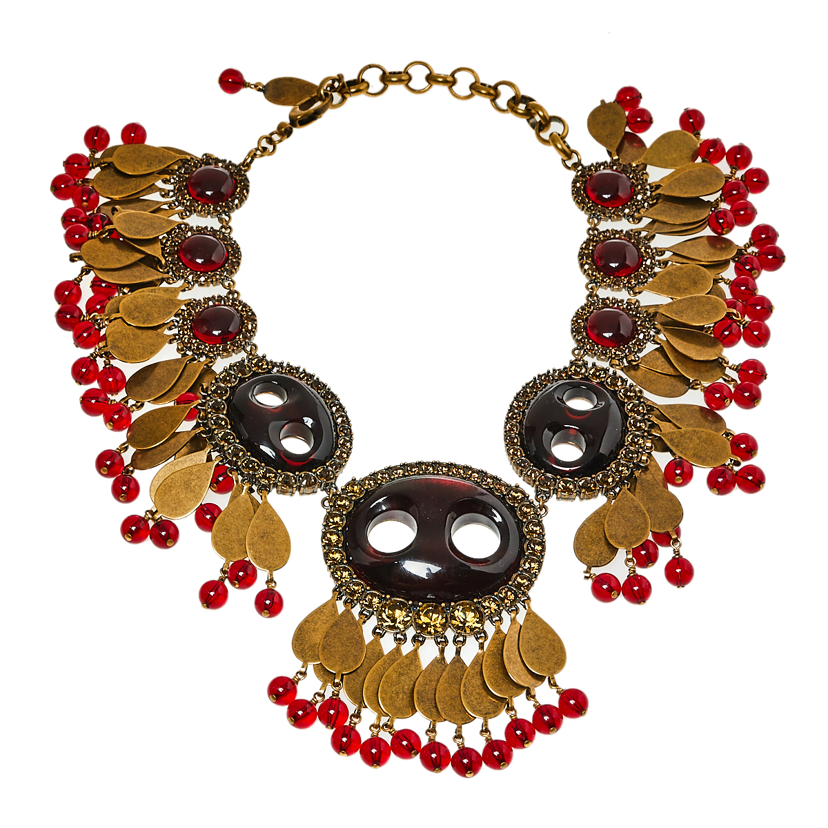 Gucci Aged Gold Tone Crystals & Bead Charm Statement Necklace