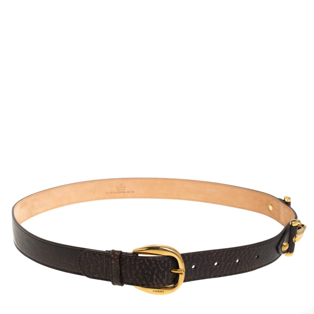Gucci Dark Brown Distressed Leather Horsebit Detail Buckle Belt 90CM