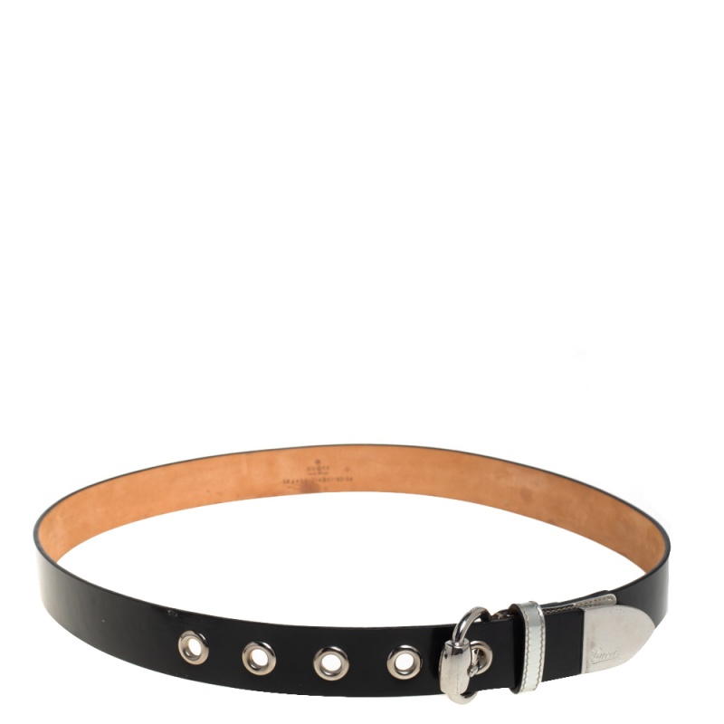 Gucci Black/Silver Glossy Leather Buckle Belt 85CM