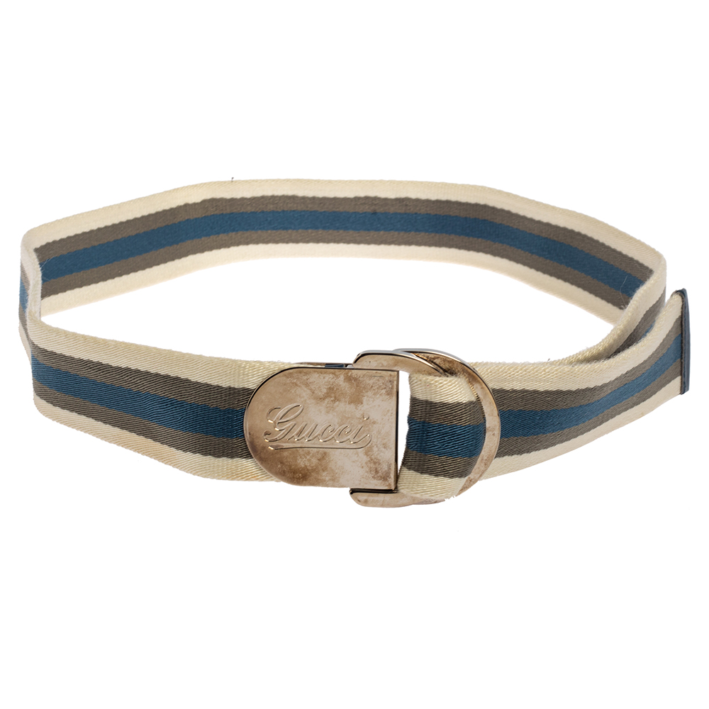 Gucci White/Blue/Green Web Belt With Engraved Gucci Script Logo D Ring Buckle 90 CM