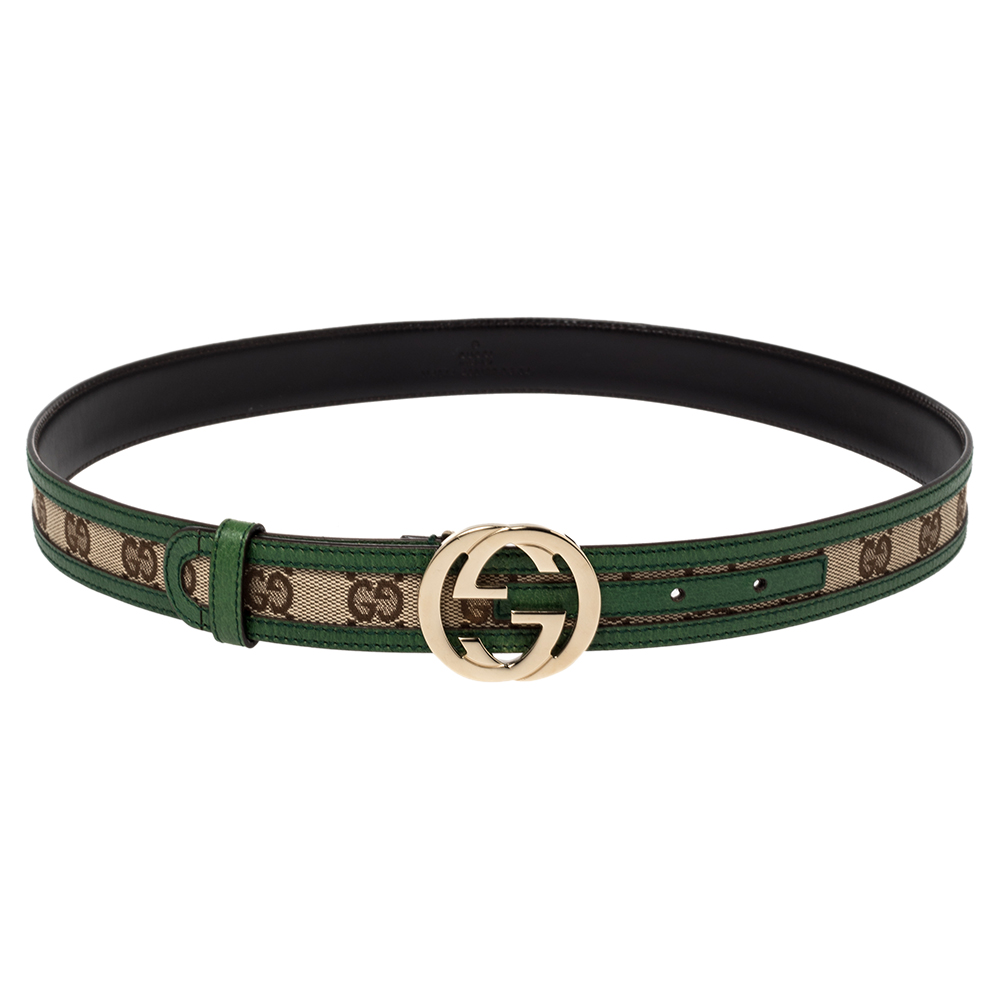 Gucci Green/Beige GG Canvas and Leather Interlocking G Buckle Belt 85CM