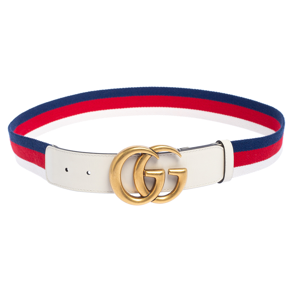 Gucci White Web Canvas and Leather Double G Buckle Belt 90 CM