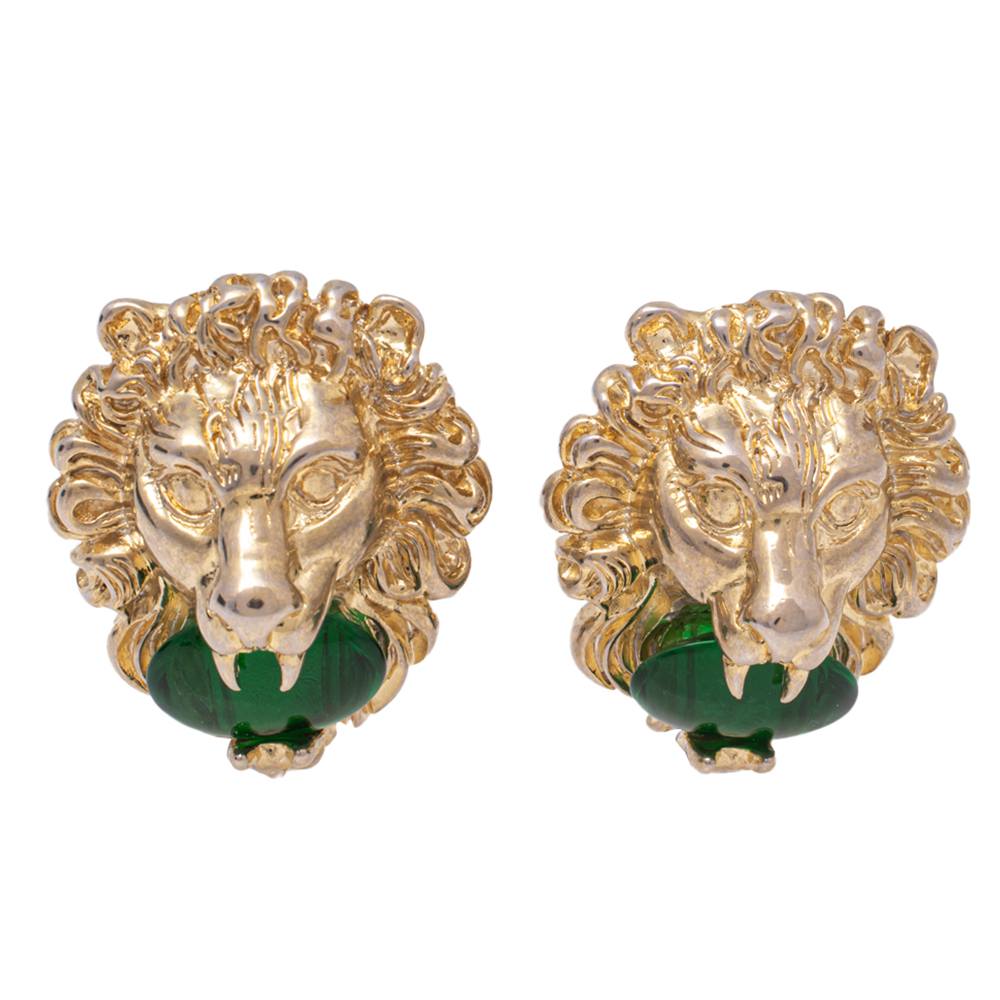 Gucci Gold Tone Green Crystal Lion Head Clip On Earrings