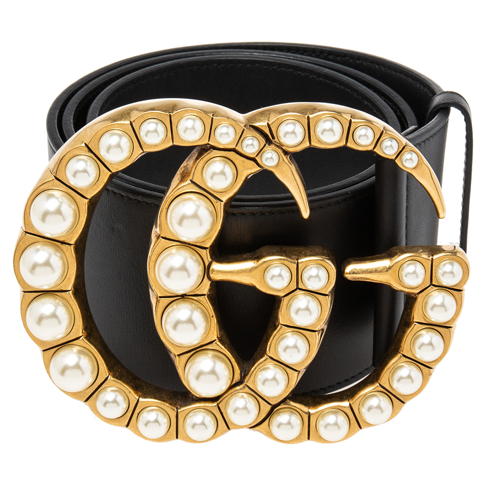 

Gucci Black Leather GG Marmont Pearl Waist Belt