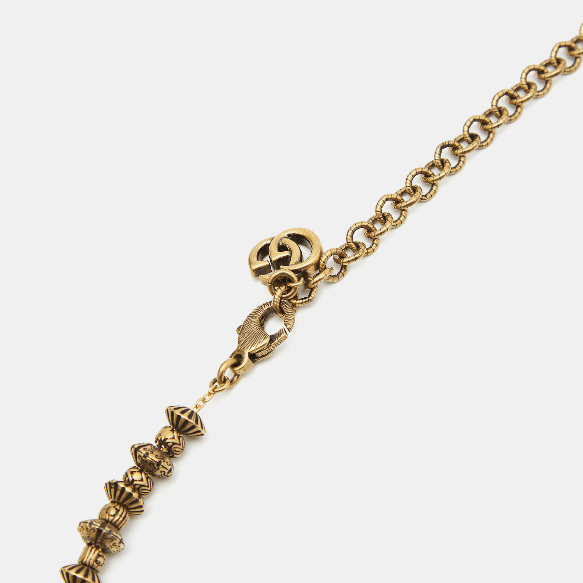 Gucci Aged Scarab And Cross Charms Gold Tone Necklace