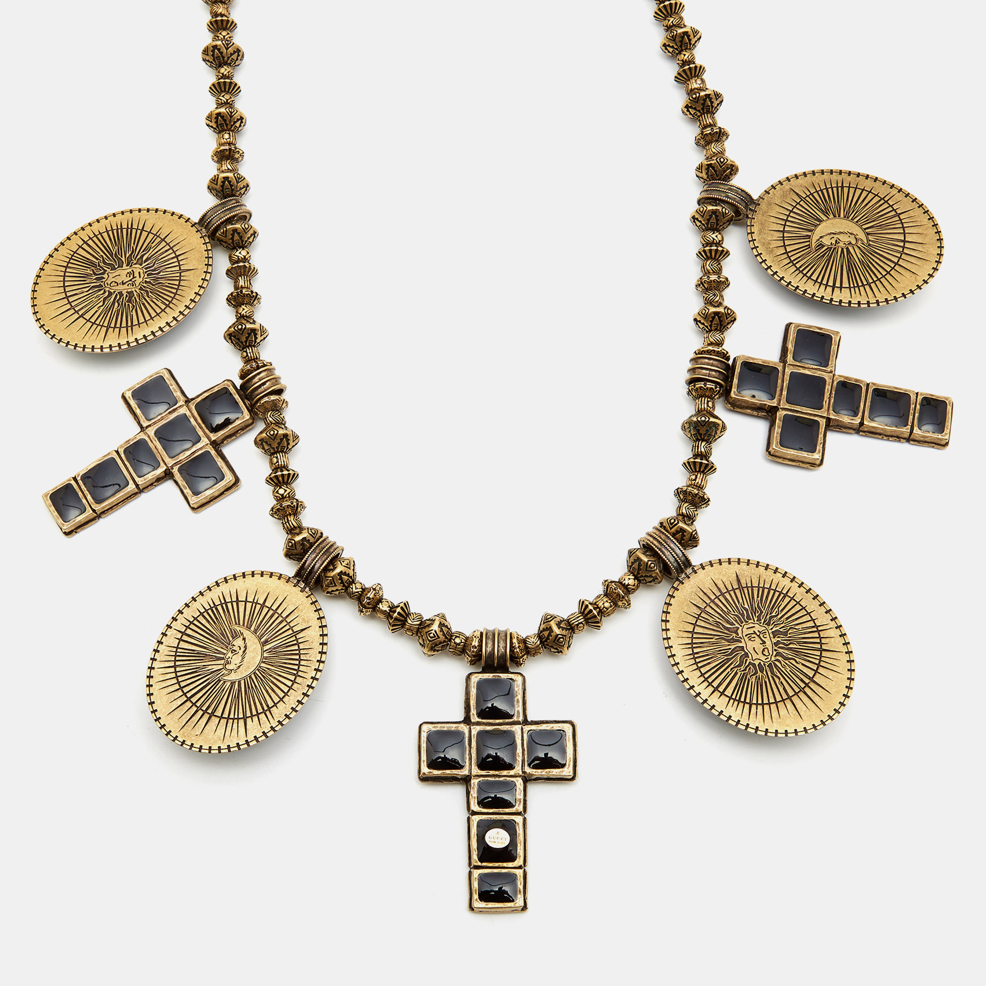 Gucci Aged Scarab And Cross Charms Gold Tone Necklace