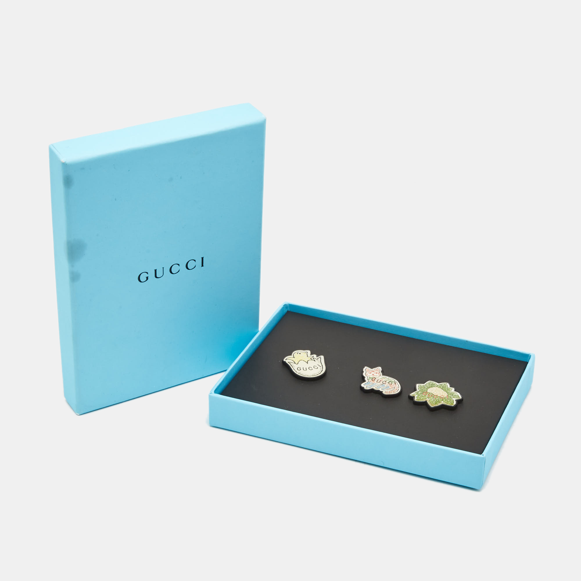 Gucci Resin Cat Chick & Cabbage Lapel Pin Set Of 3