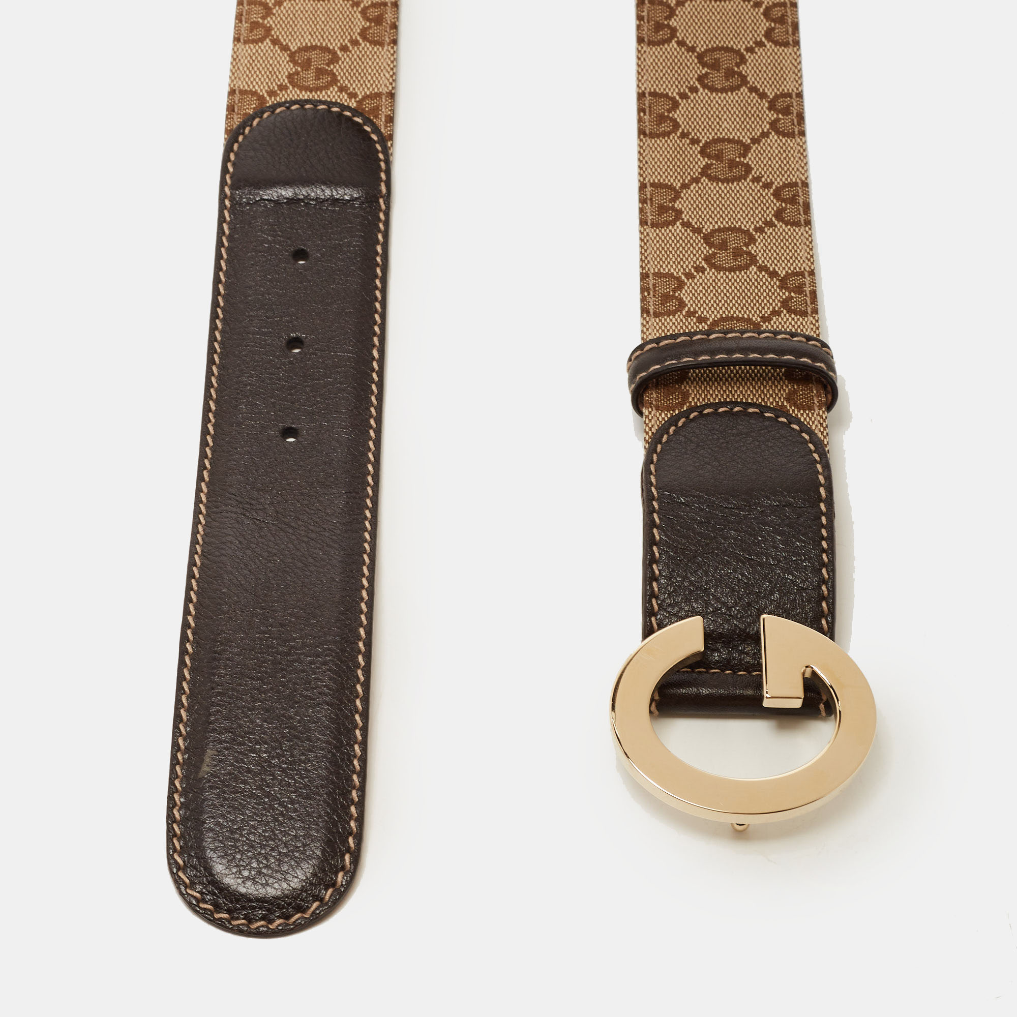 Gucci Beige/Brown GG Canvas And Leather G Buckle Belt 85CM