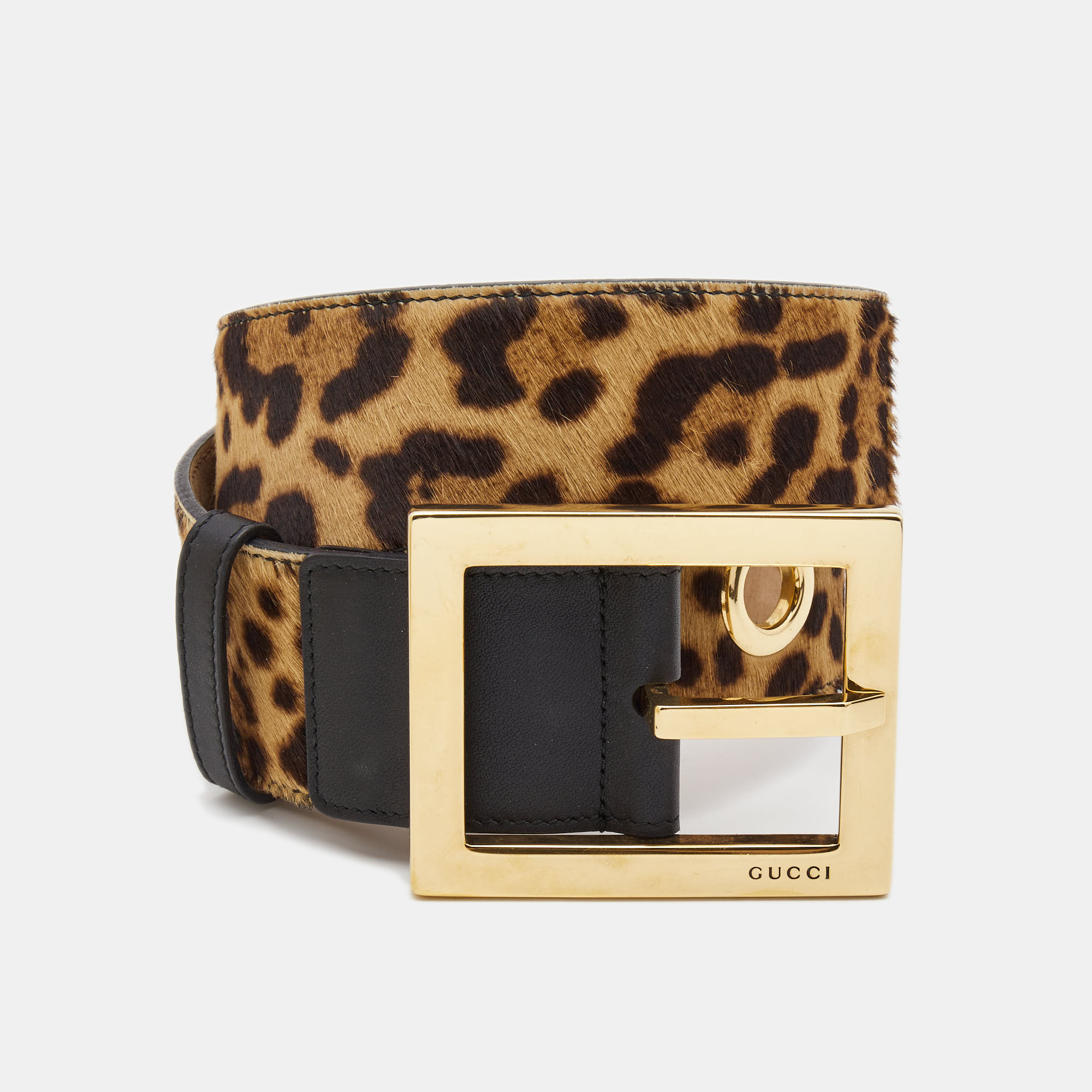 Gucci Beige/Black Leopard Print Calfhair And Leather Wide Buckle Belt 70CM