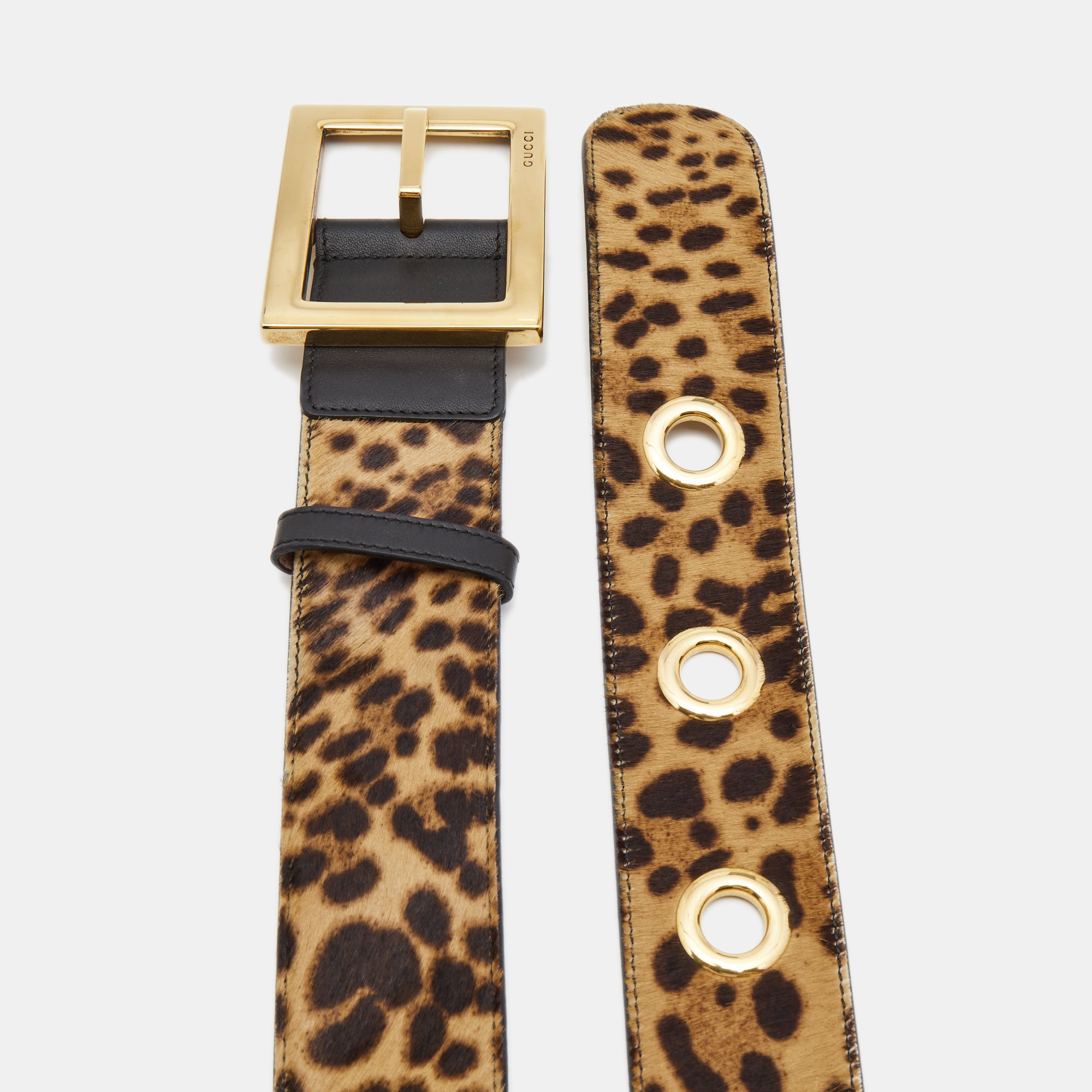 Gucci Beige/Black Leopard Print Calfhair And Leather Wide Buckle Belt 70CM