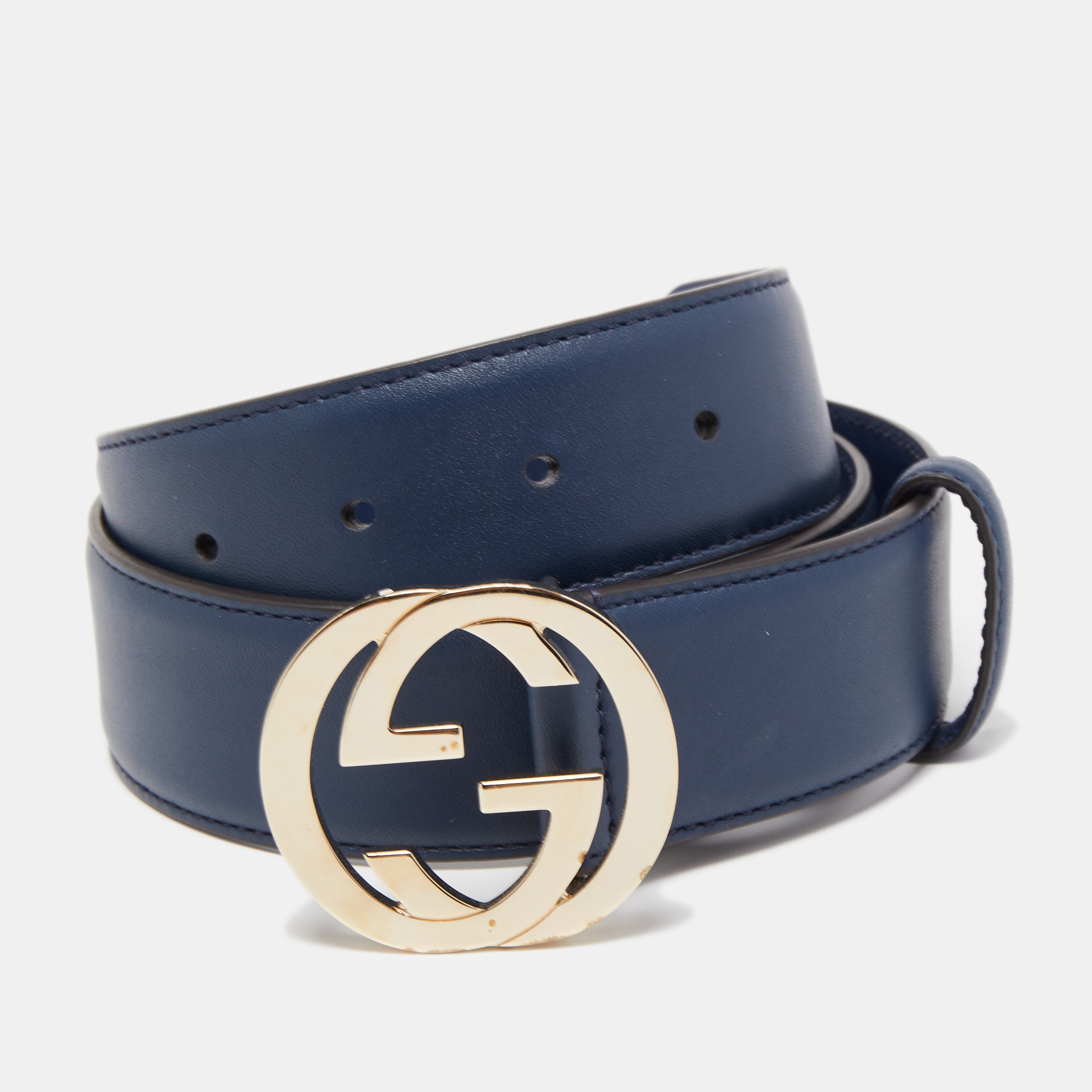 Gucci Navy Blue Leather Interlocking G Buckle Belt 75CM