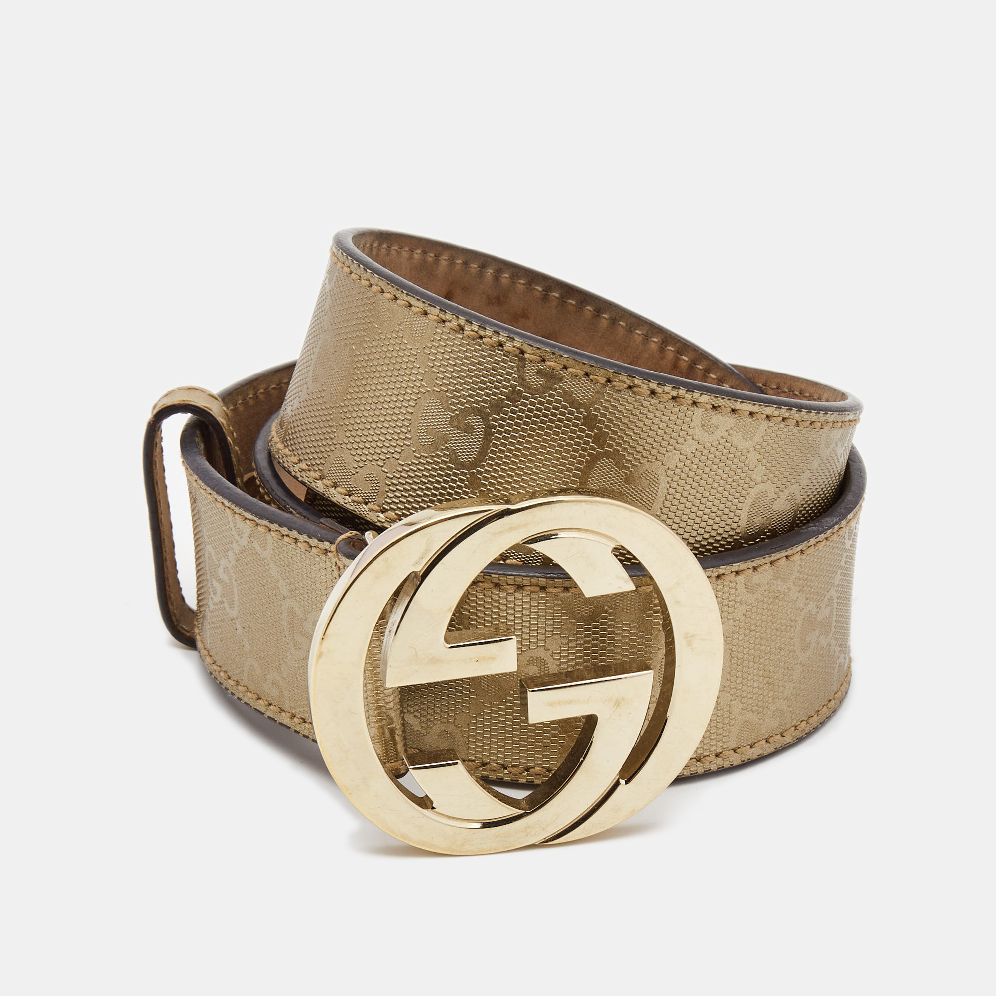 Gucci gold gg imprime canvas interlocking g buckle belt 90cm