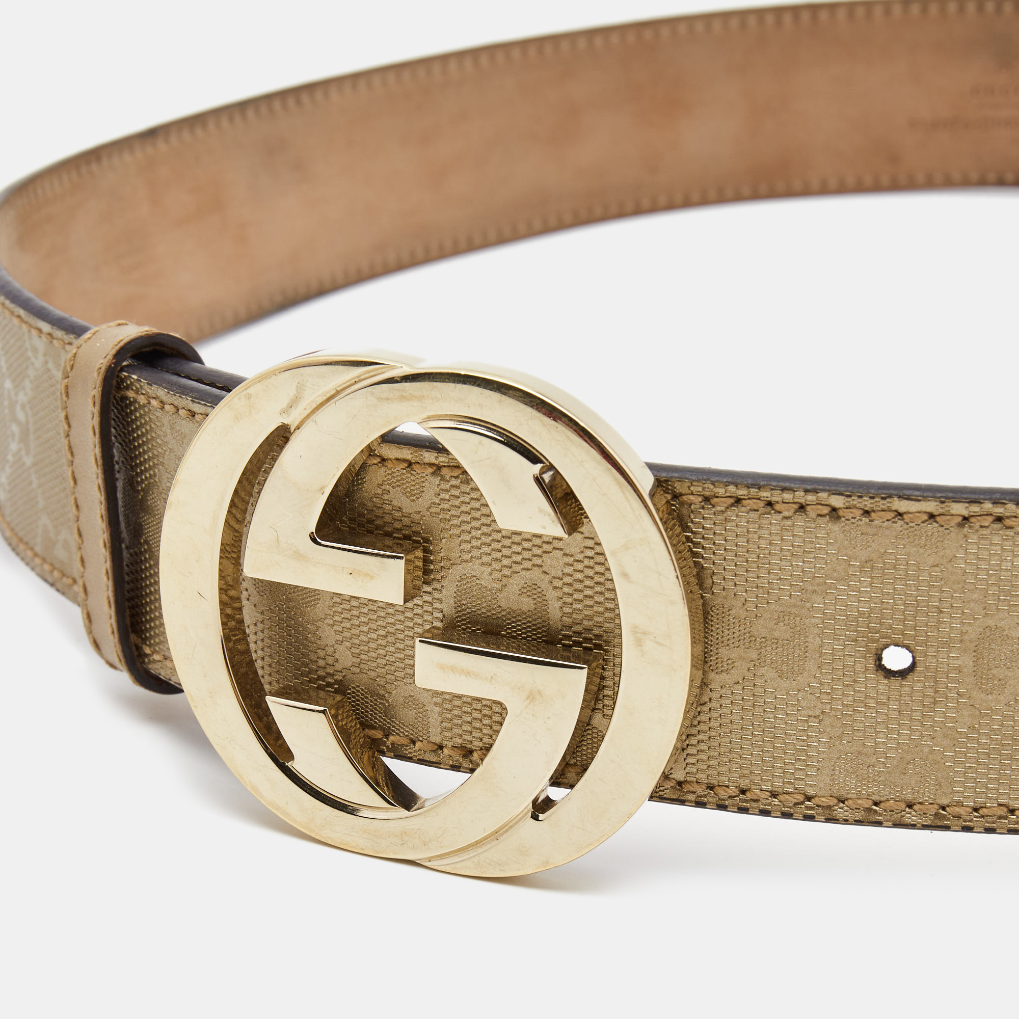 Gucci Gold GG Imprime Canvas Interlocking G Buckle Belt 90CM