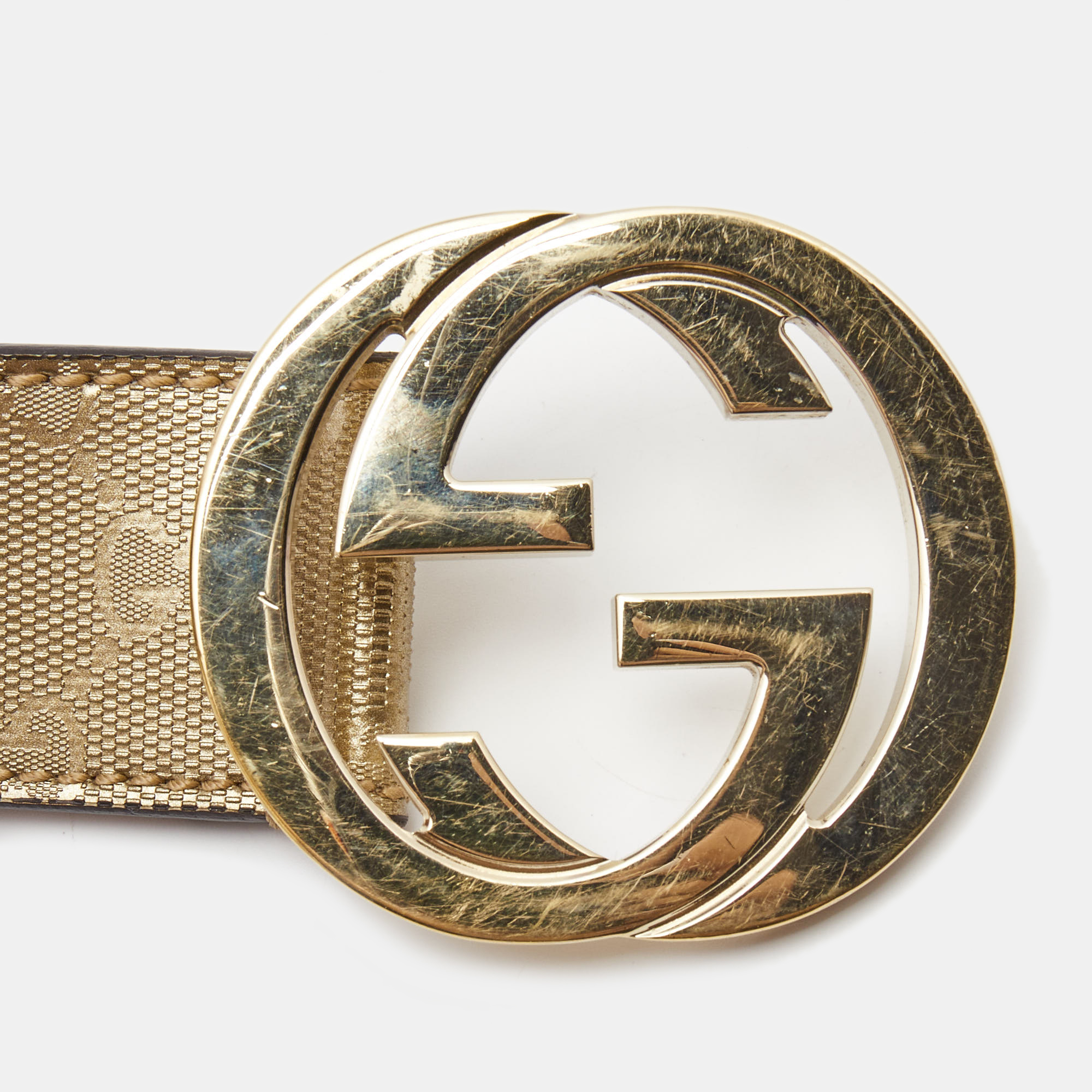 Gucci Gold GG Imprime Canvas Interlocking G Buckle Belt 90CM