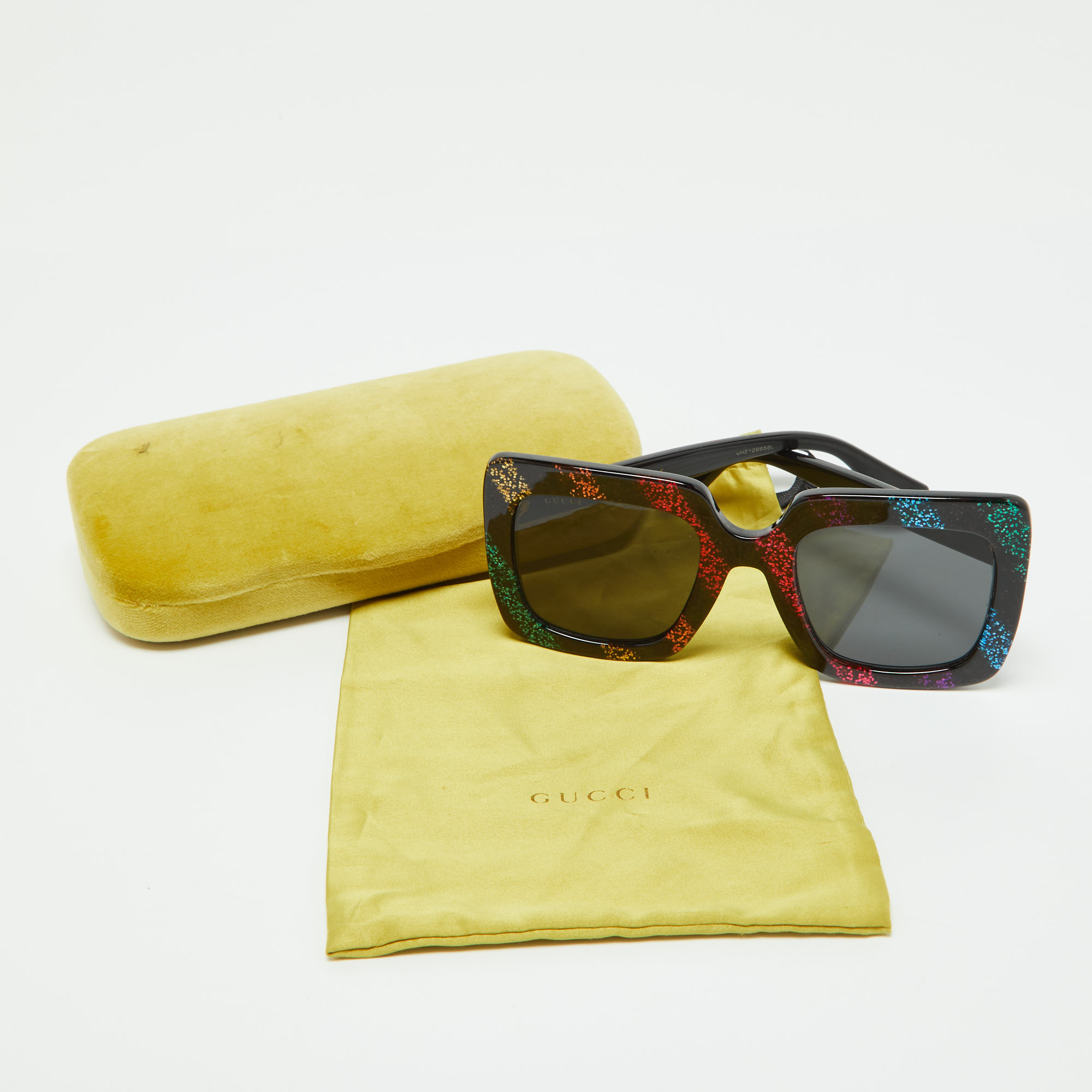 Gucci Black Glitter Stripes/ Grey GG0328S Oversized Square Sunglasses