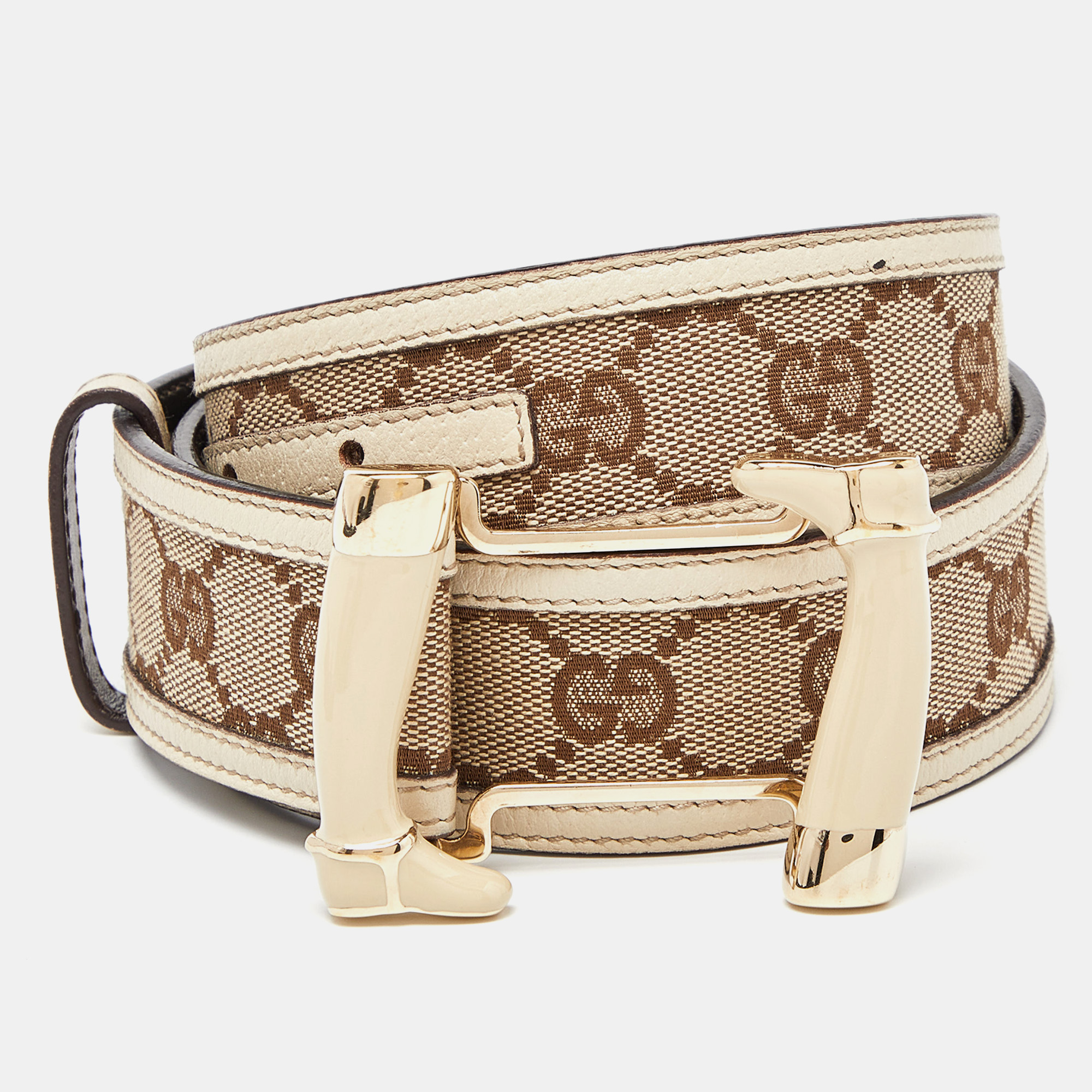 Gucci Beige GG Canvas And Leather Buckle Belt 80CM