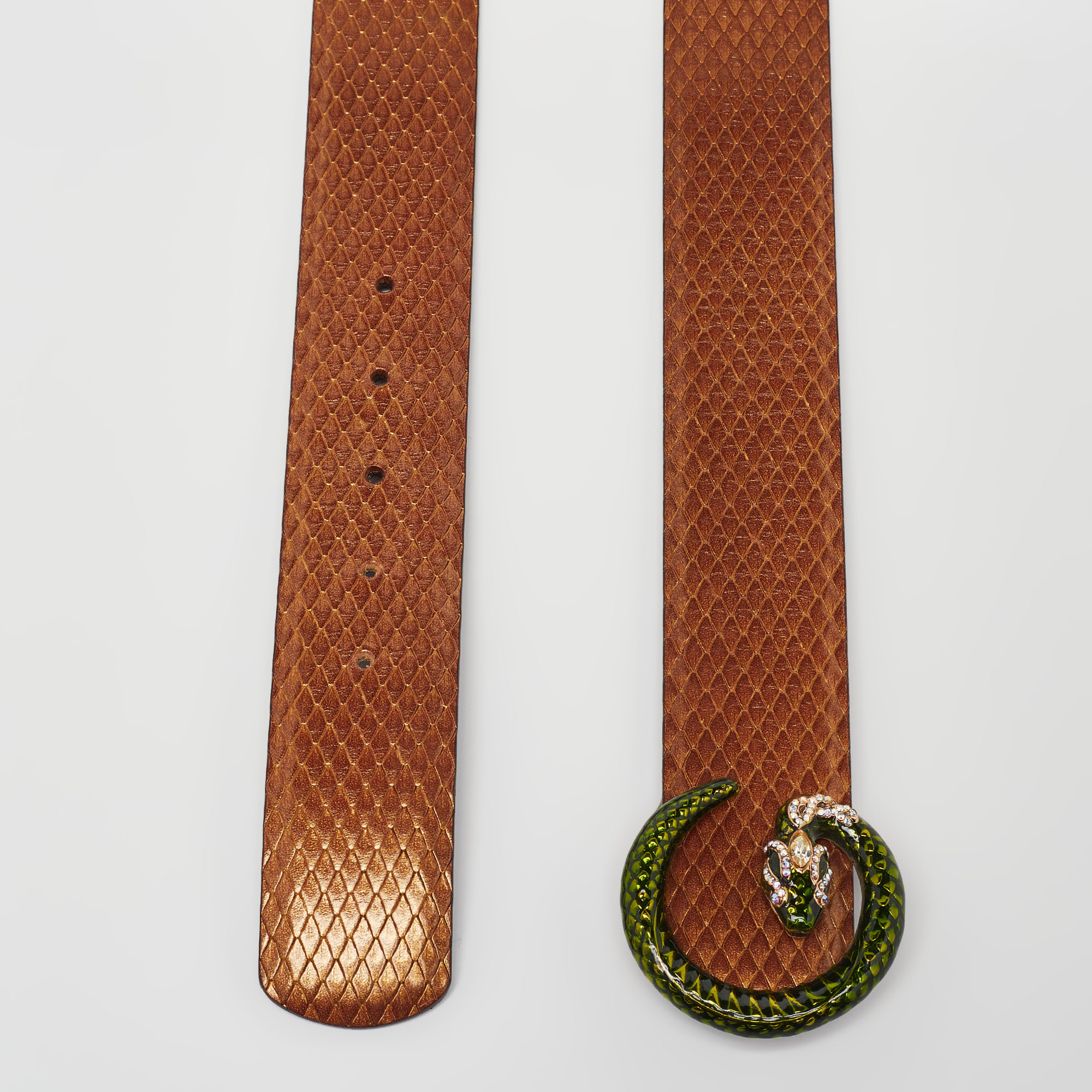 Gucci Metallic Brown Snakeskin Embossed Leather G Serpent Buckle Belt 90CM