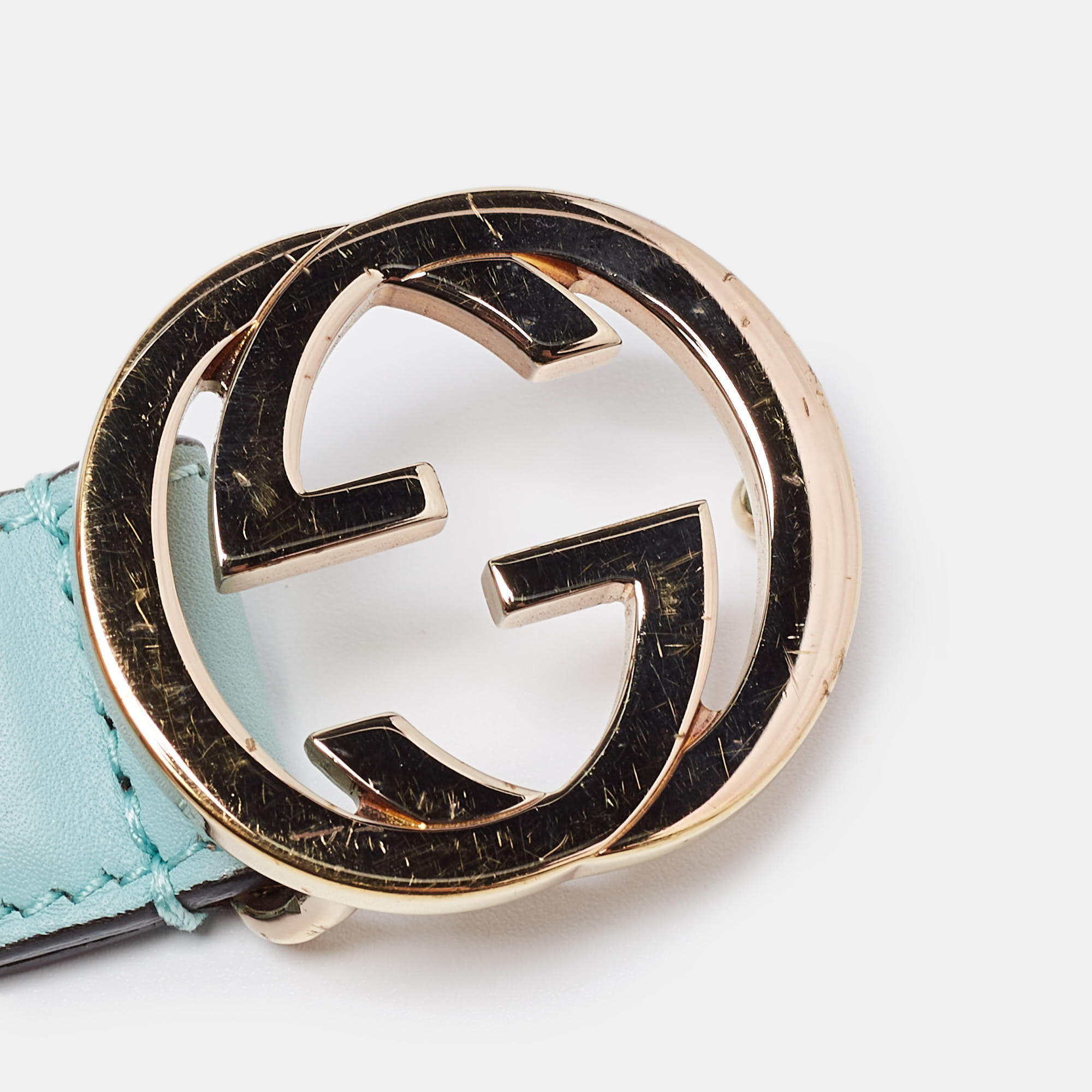 Gucci Green Leather Interlocking G Buckle Slim Belt 85CM