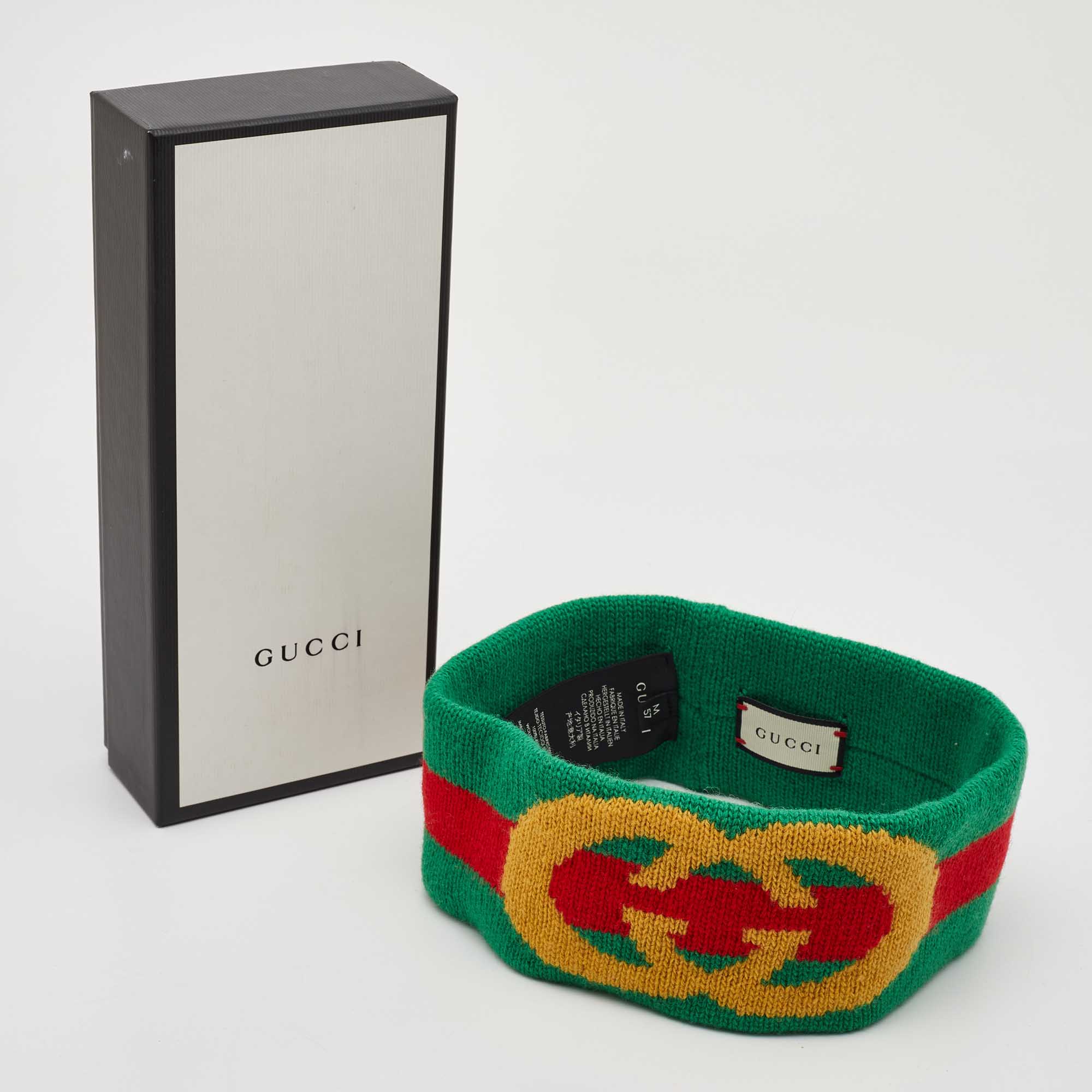 Gucci Green Web Stripe Wool Knit Interlocking Logo Head Band M