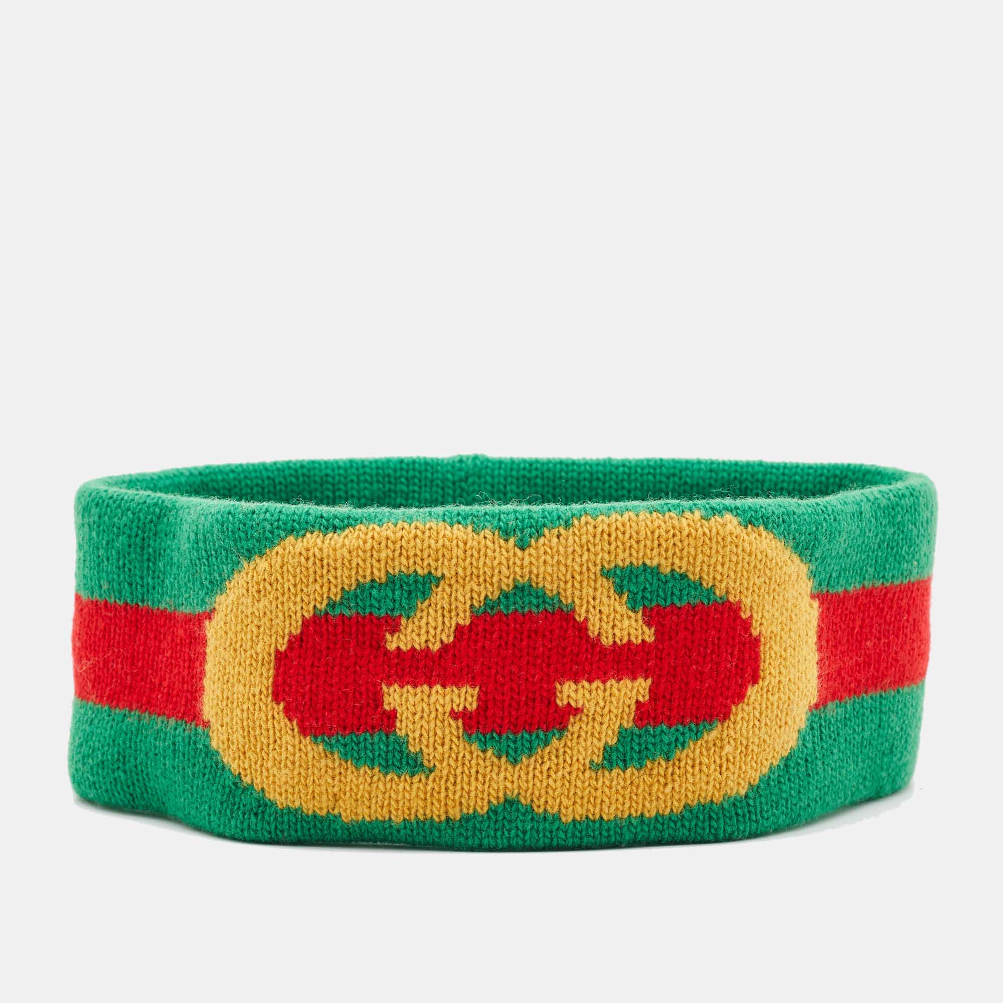 Gucci green web stripe wool knit interlocking logo head band m