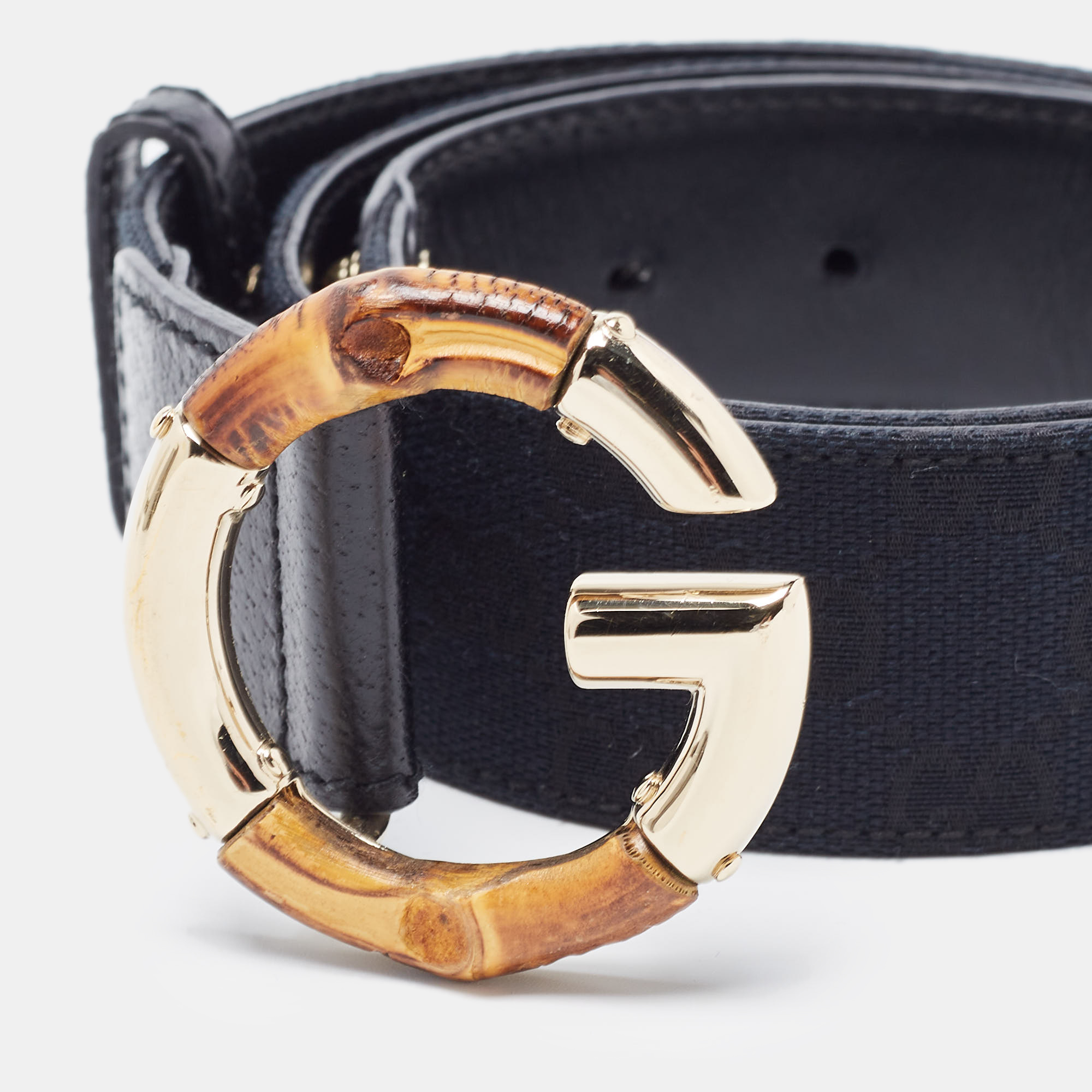 Gucci Black GG Canvas And Leather Bamboo G Buckle Belt 85CM