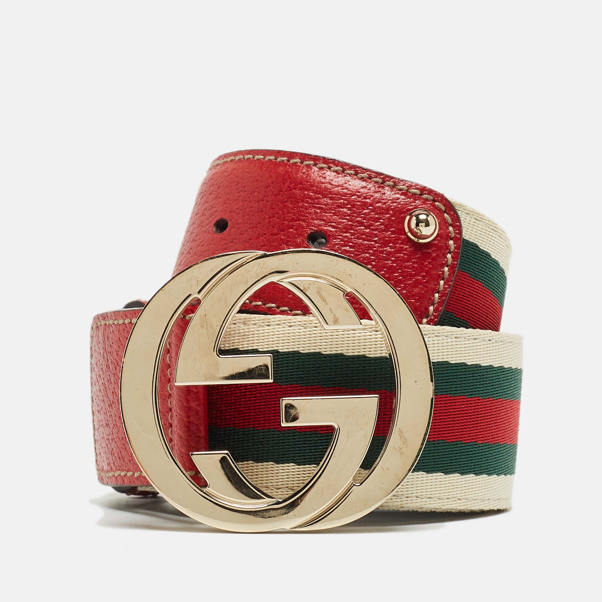 Gucci Multicolor Leather And Web Canvas Interlocking G Buckle Belt 85 CM