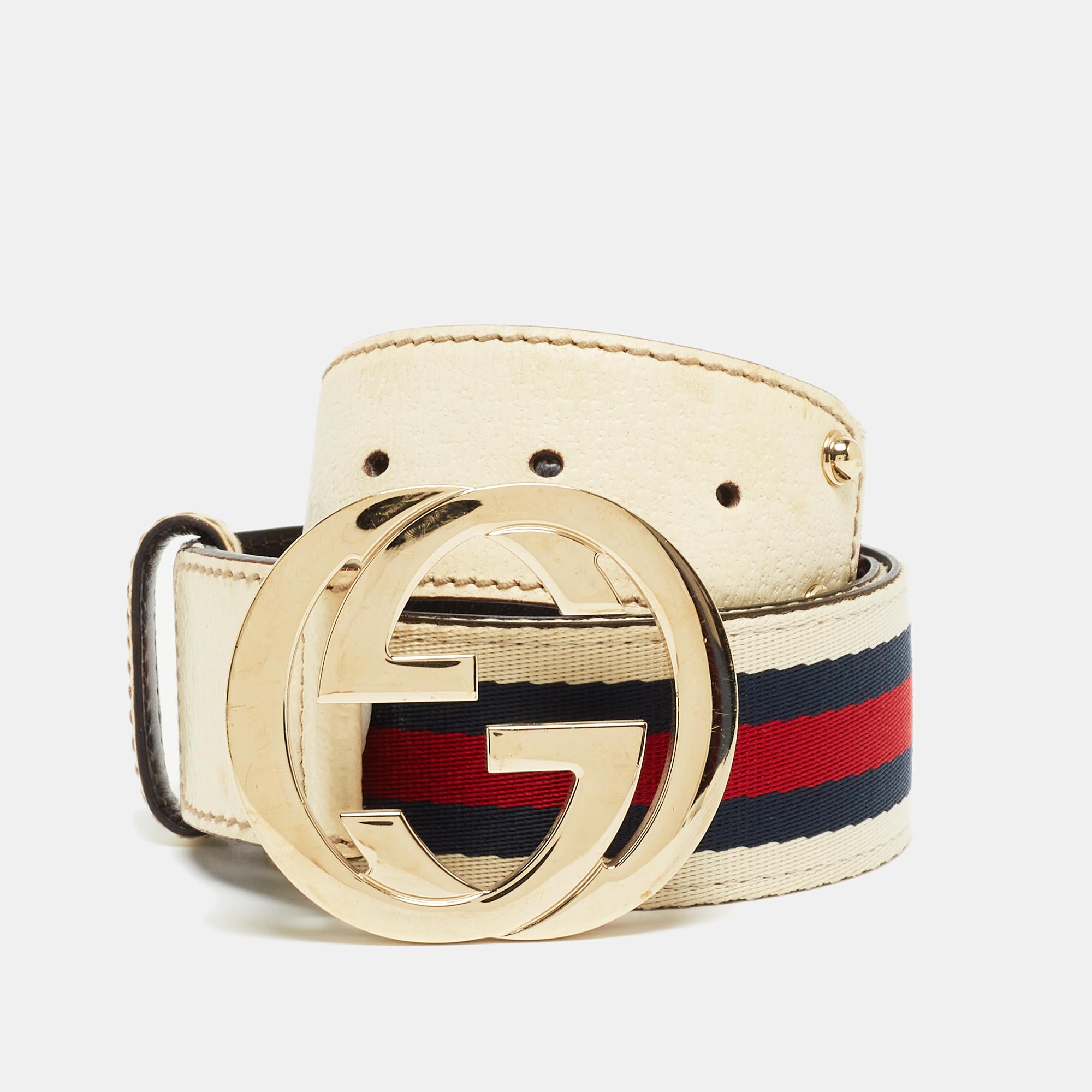Gucci White Leather Web Detail Interlocking G Buckle Belt 85CM