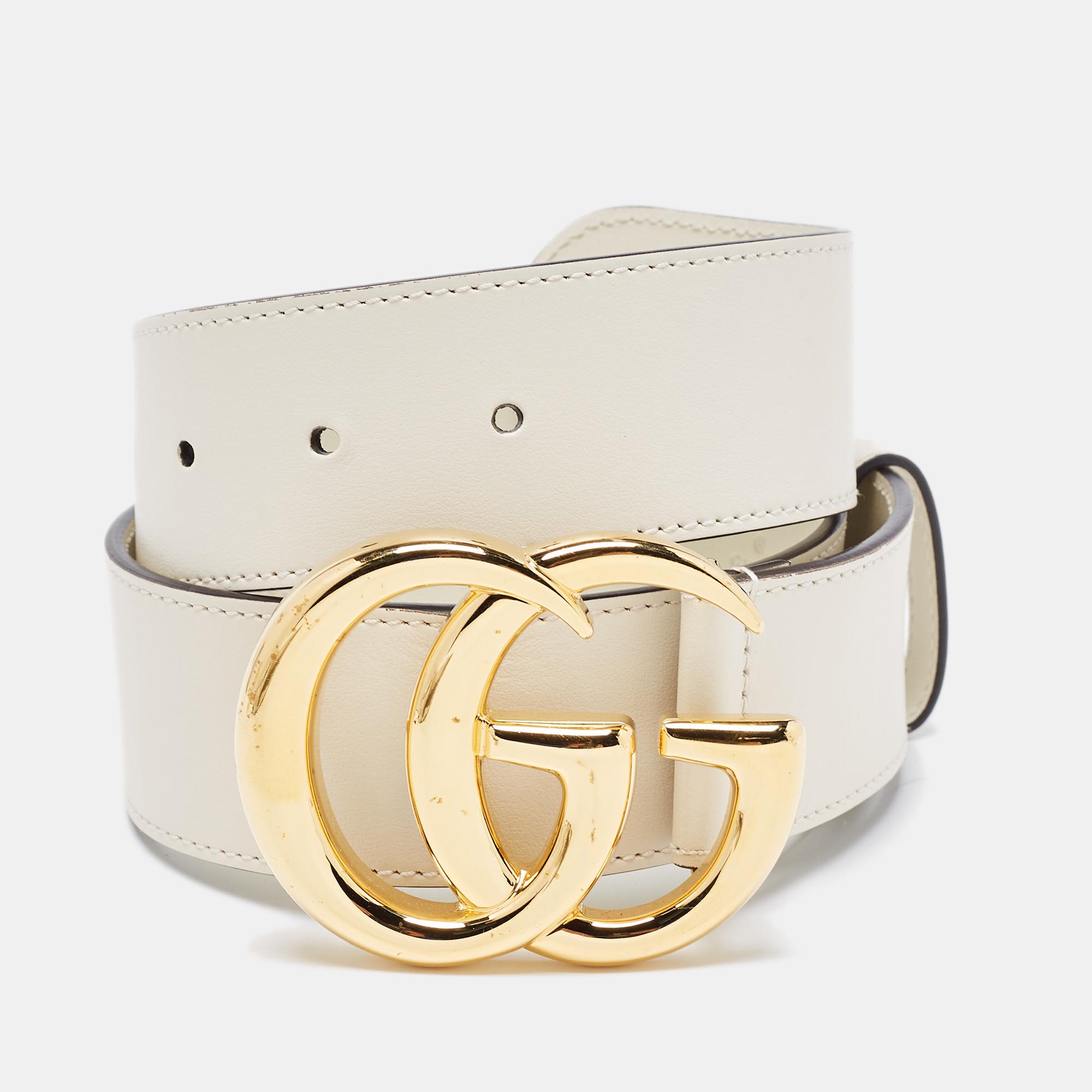 Gucci Off White Leather GG Marmont Buckle Belt 65CM