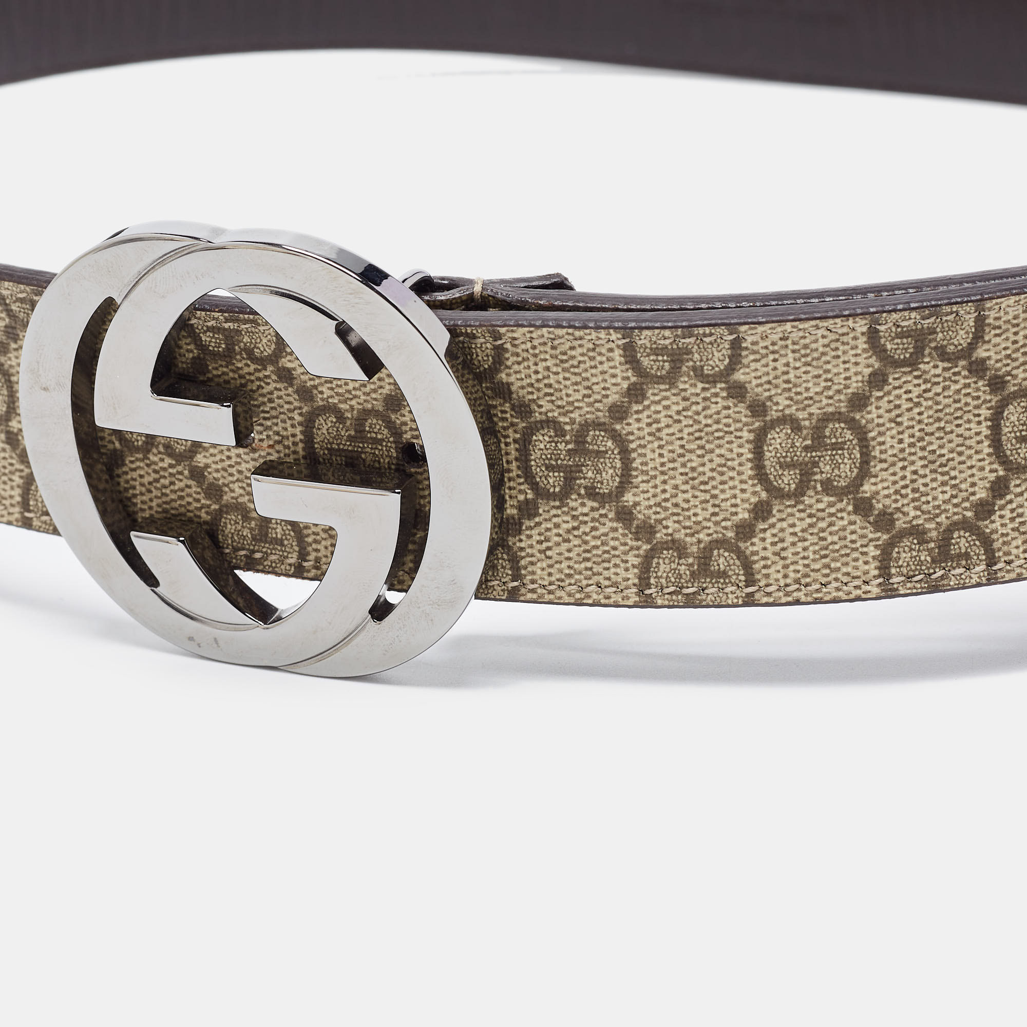 Gucci Beige/Brown GG Supreme Canvas And Leather Interlocking G Buckle Belt 95CM