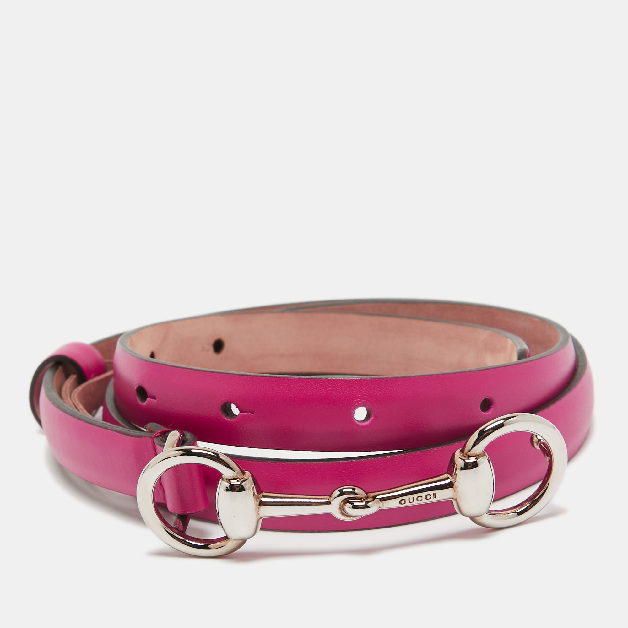 Gucci Pink Leather Horsebit Buckle Slim Belt 80 CM