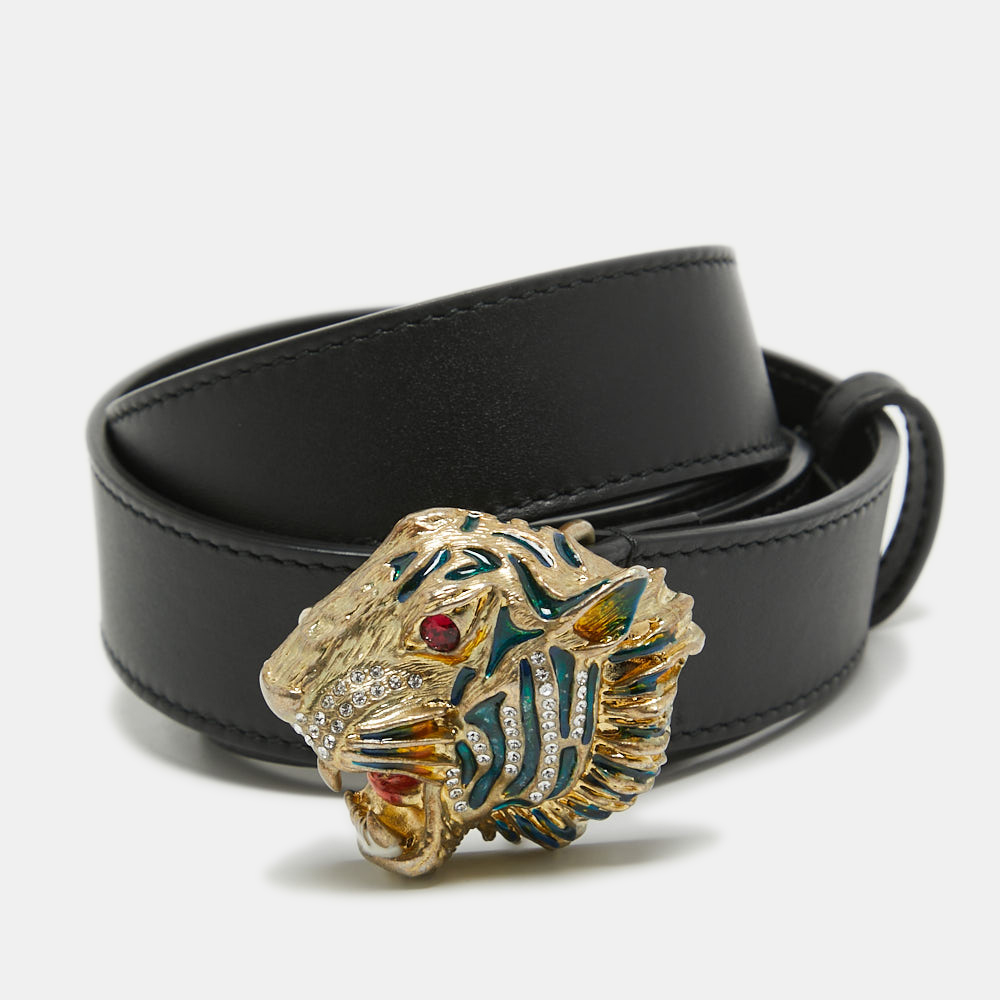 Gucci Black Leather Tiger Head Buckle Belt 80CM