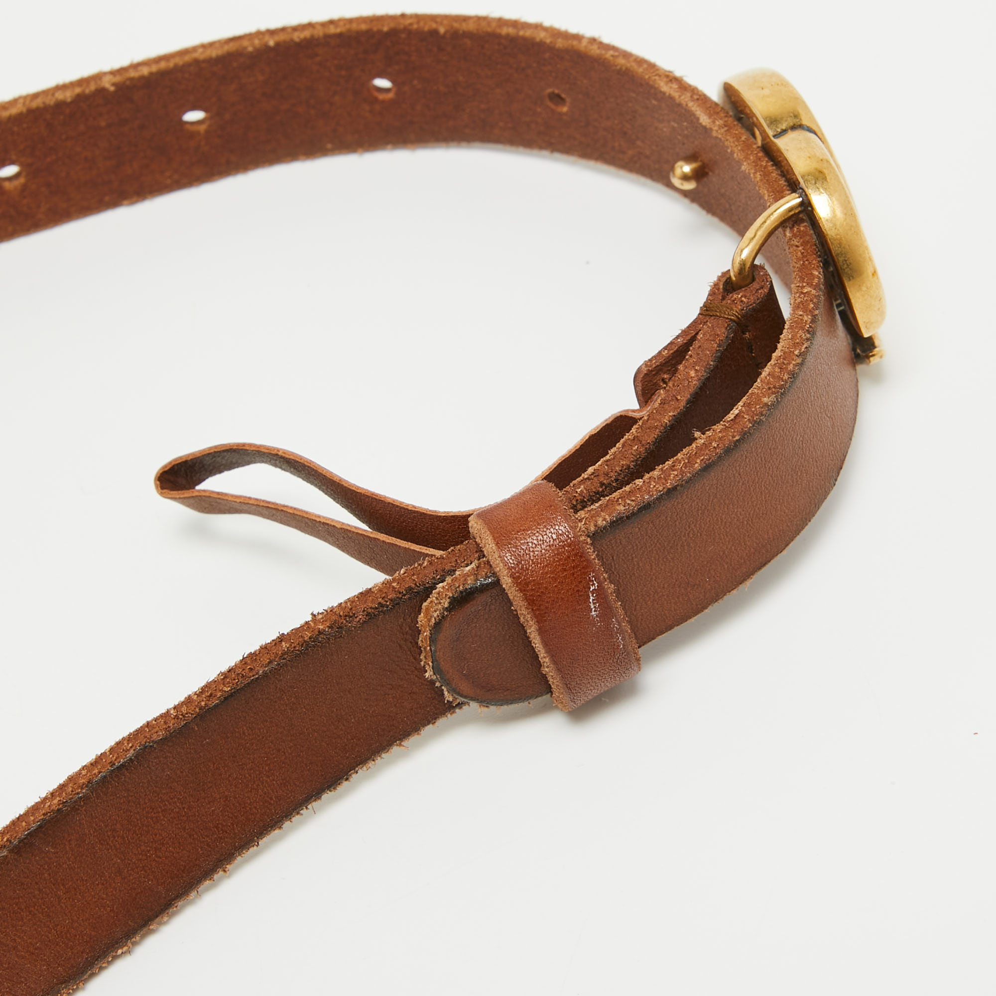 Gucci Brown Leather Double G Slim Buckle Belt 85CM
