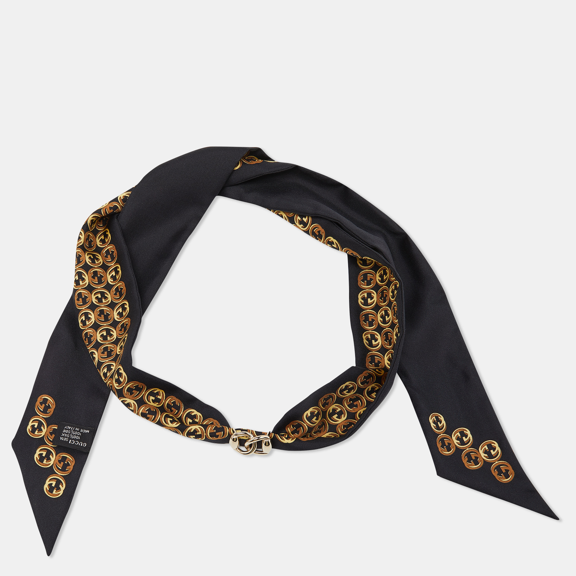 Gucci Black GG Logo Print Charm Detail Silk Twilly