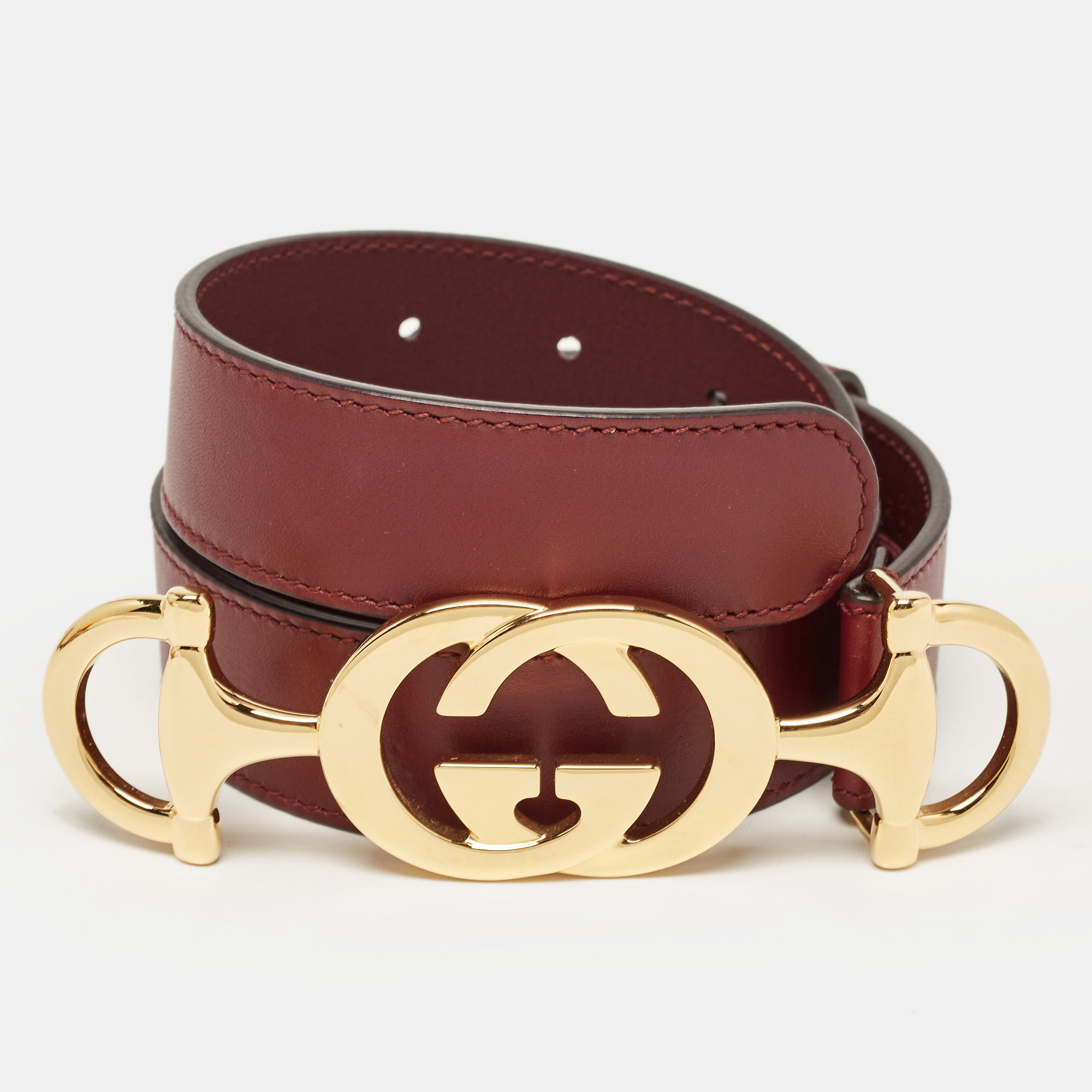 Gucci Burgundy Leather Interlocking G Horsebit Buckle Belt 80 CM