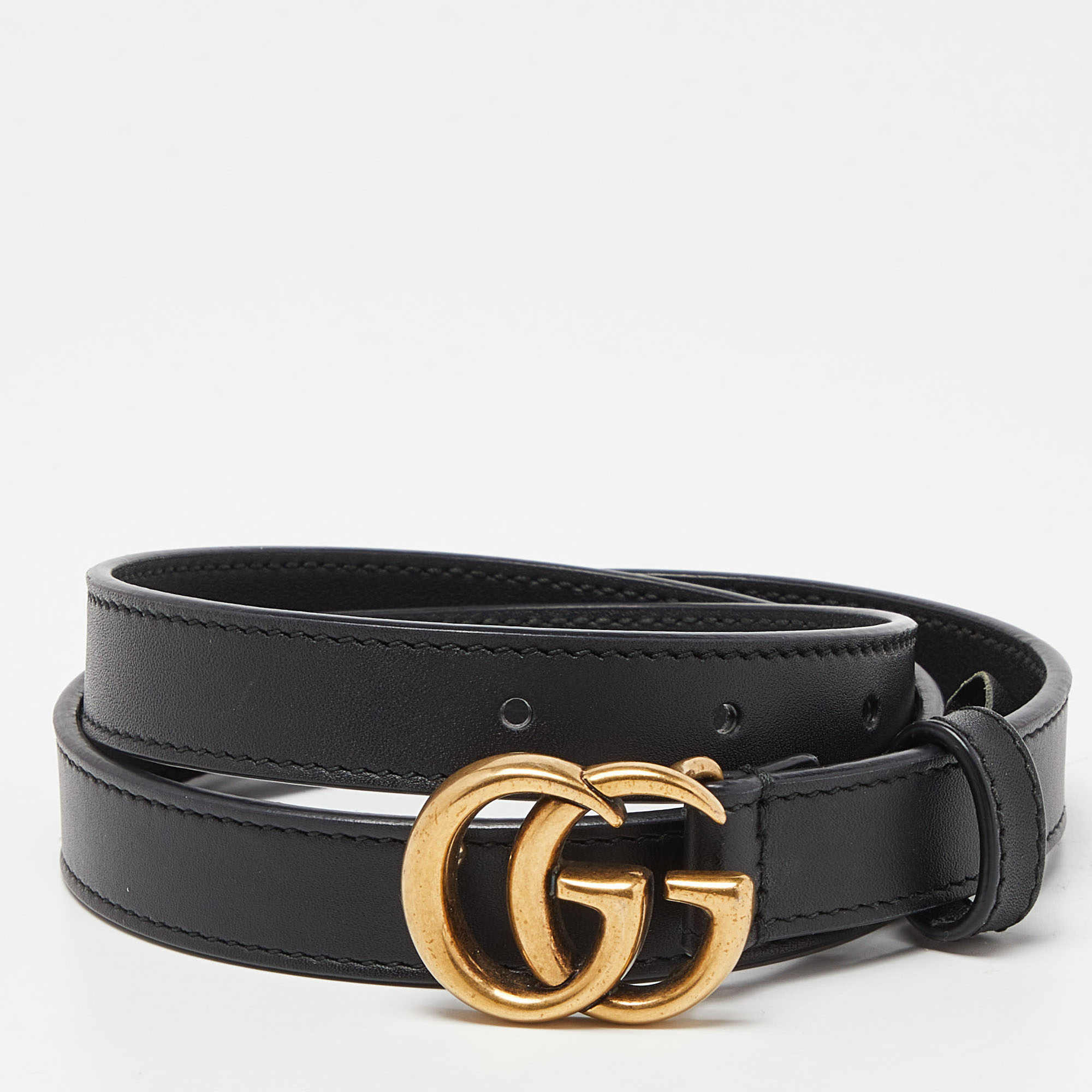Gucci Black Leather GG Marmont Slim Buckle Belt 75CM