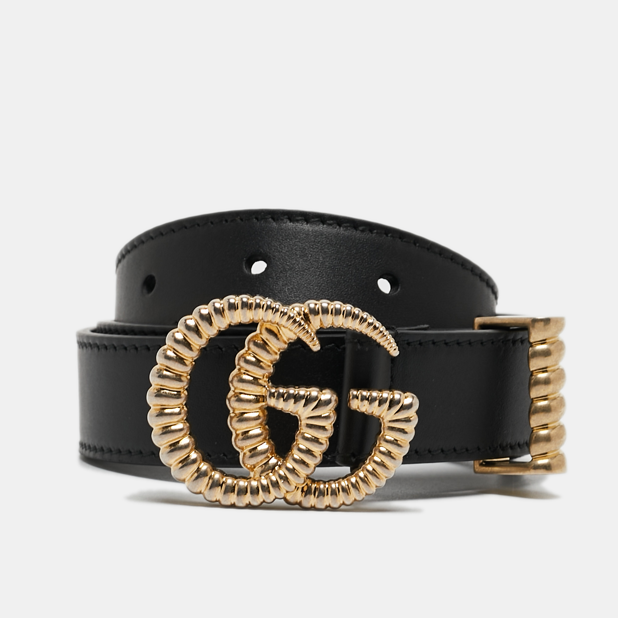 Gucci Black Leather Torchon Double G Buckle Slim Belt 80 CM