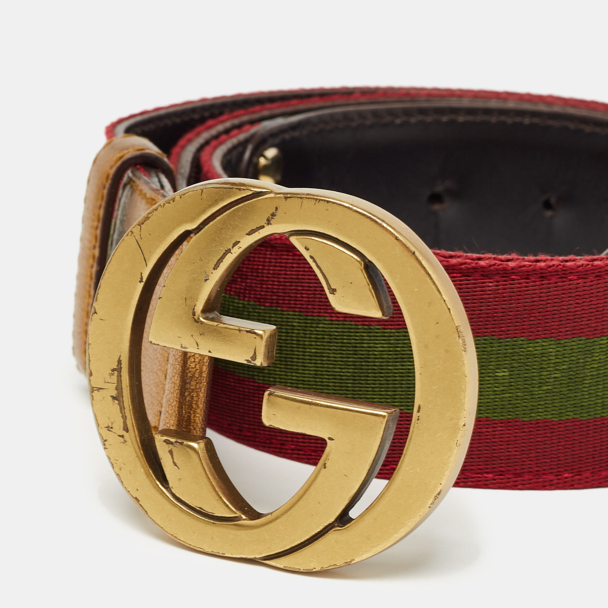 Gucci Burgundy Leather And Web Detail Interlocking GG Buckle Belt 95 CM