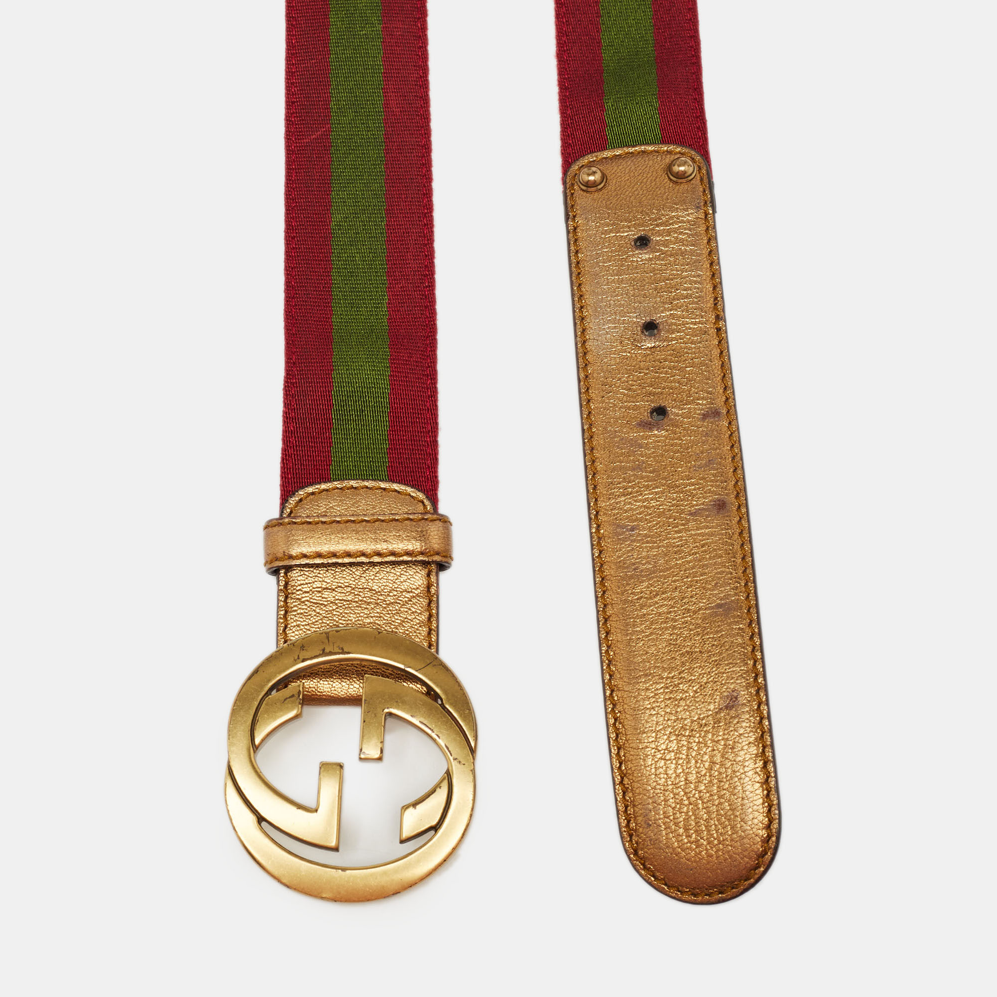 Gucci Burgundy Leather And Web Detail Interlocking GG Buckle Belt 95 CM