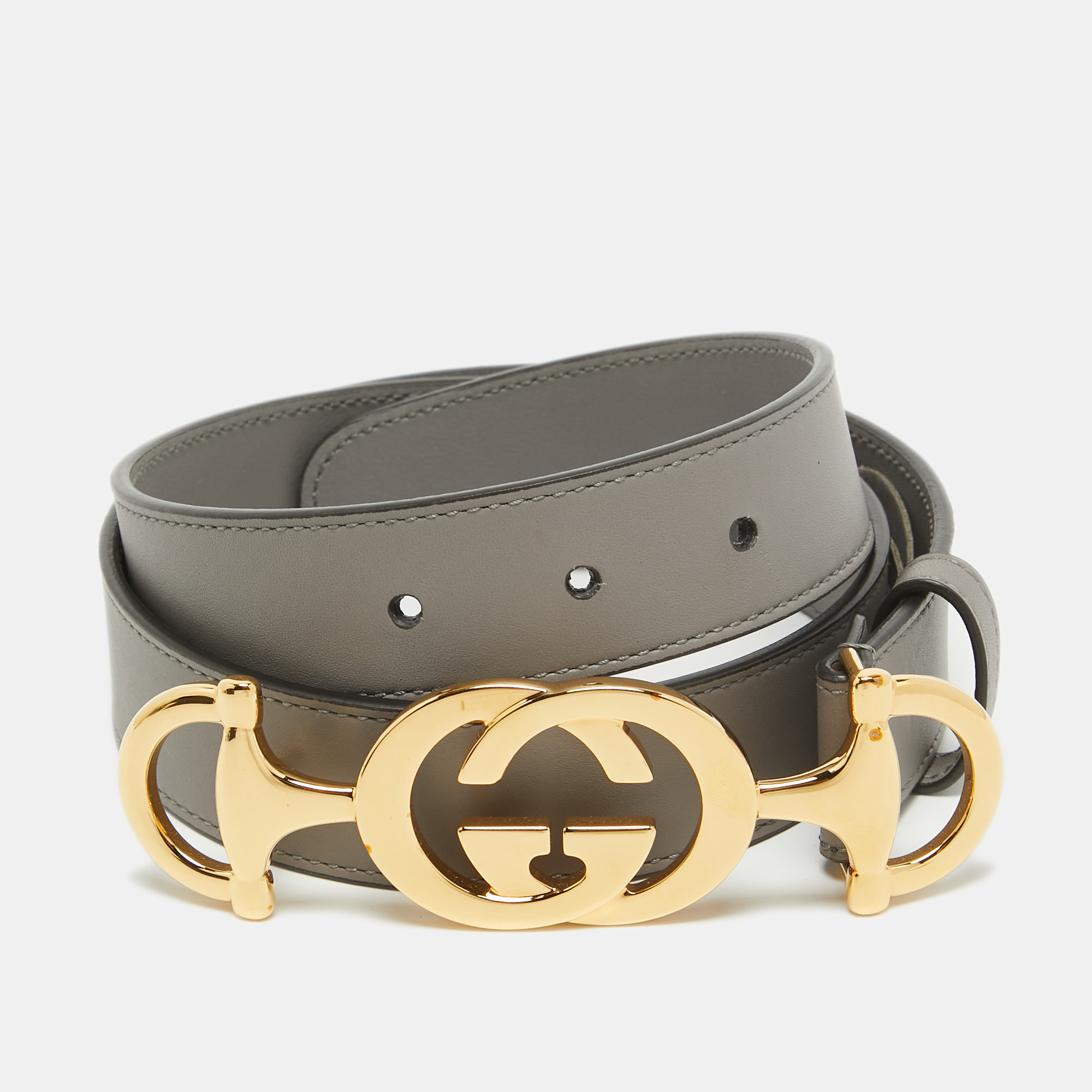 Gucci grey leather zumi buckle belt 85 cm