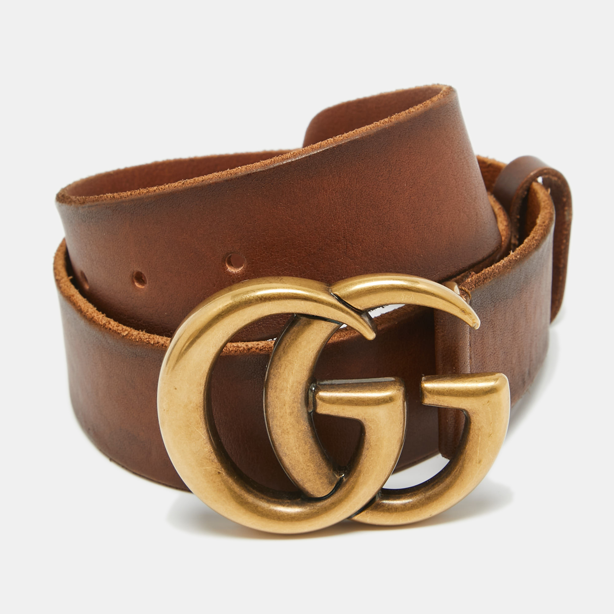 Gucci brown faded leather double g buckle belt 65 cm